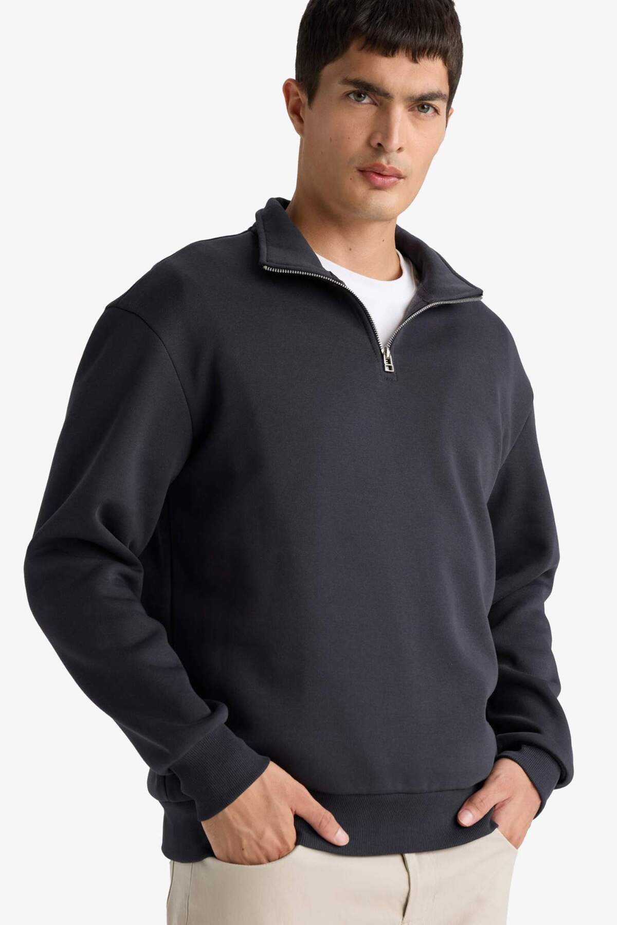 Defacto  Comfort Regular Fit Rahat Kalıp Fermuarlı Dik Yaka Basic Düz Sweatshirt X7405AZ25SP