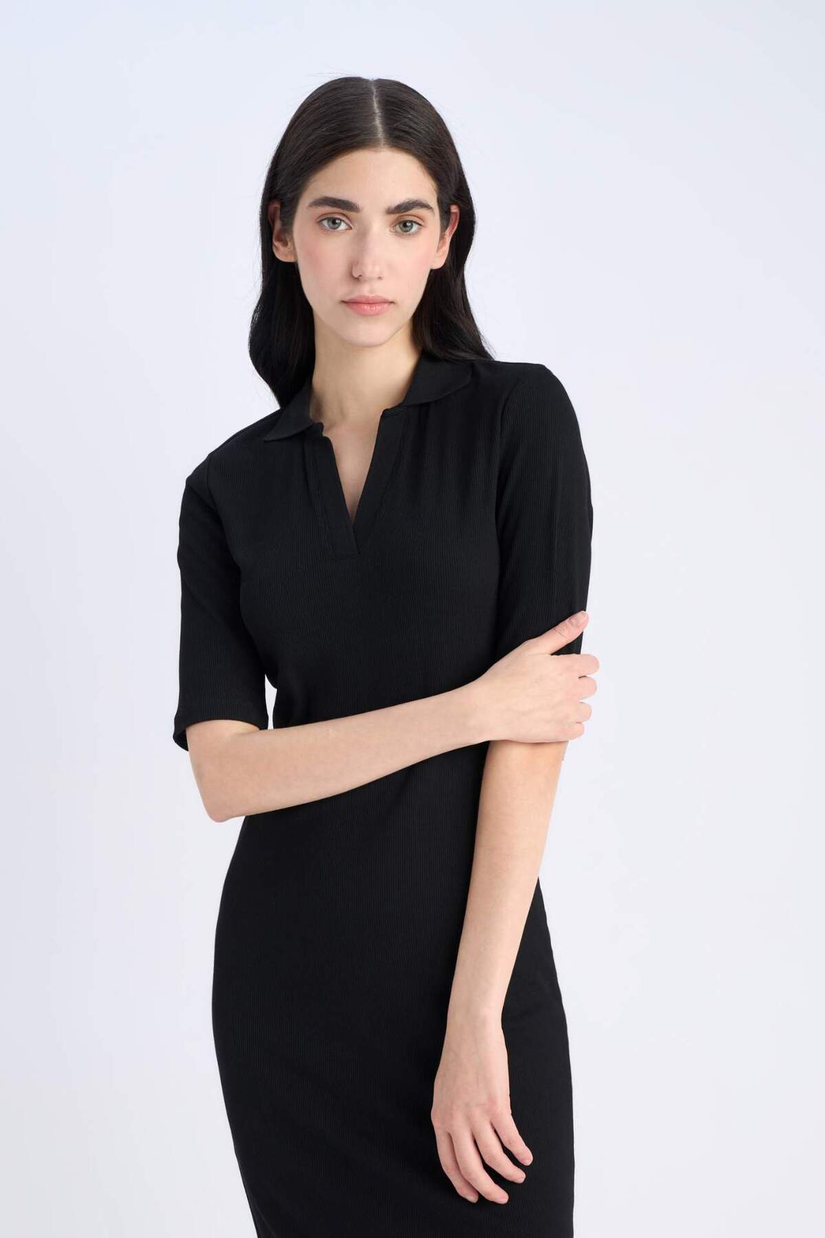 Defacto  Bodycon Vücudu Saran Polo Yaka Basic Düz Fitilli Kaşkorse Kısa Kollu Midi Elbise E6806AX25SP - Görsel 4