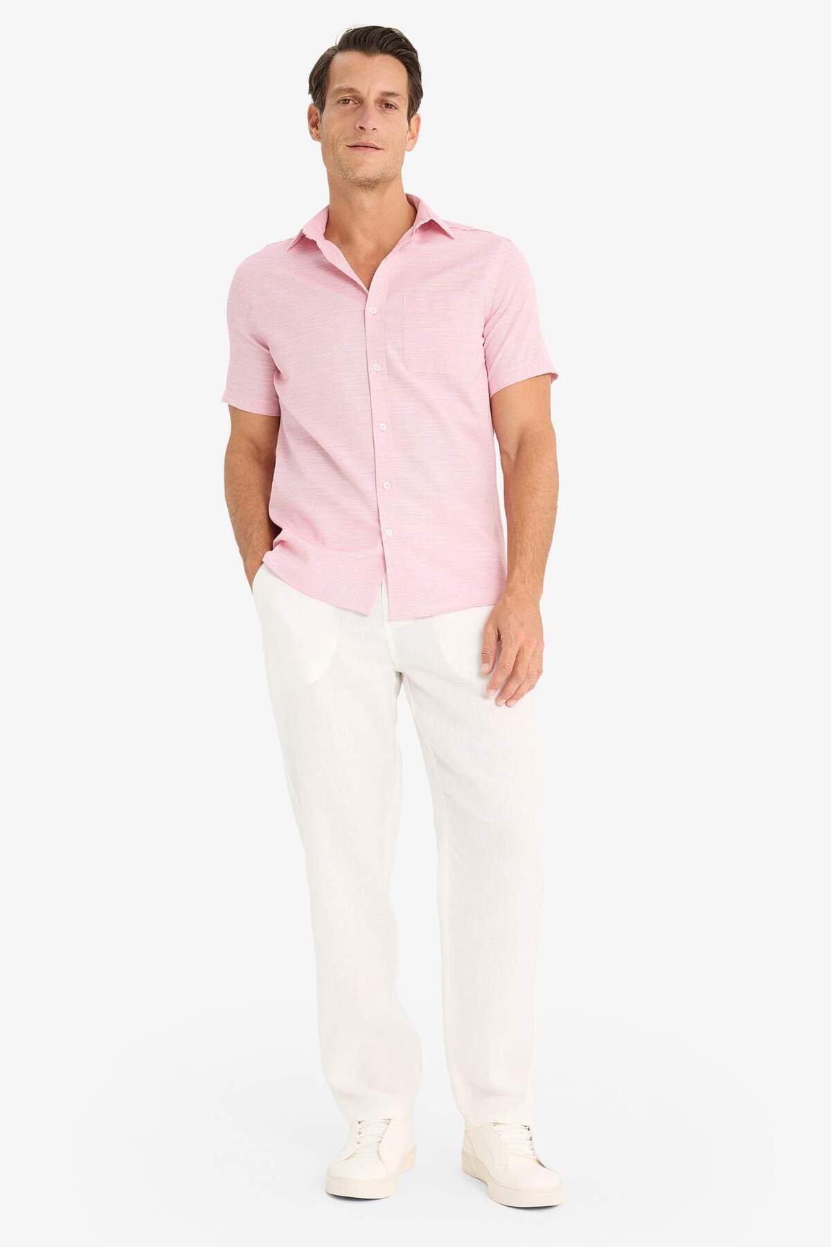 Modern Fit Yazlık Polo Yaka Basic Düz Kısa Kollu Gömlek E5077AX25SM — صورتی — تصویر 2 از 6