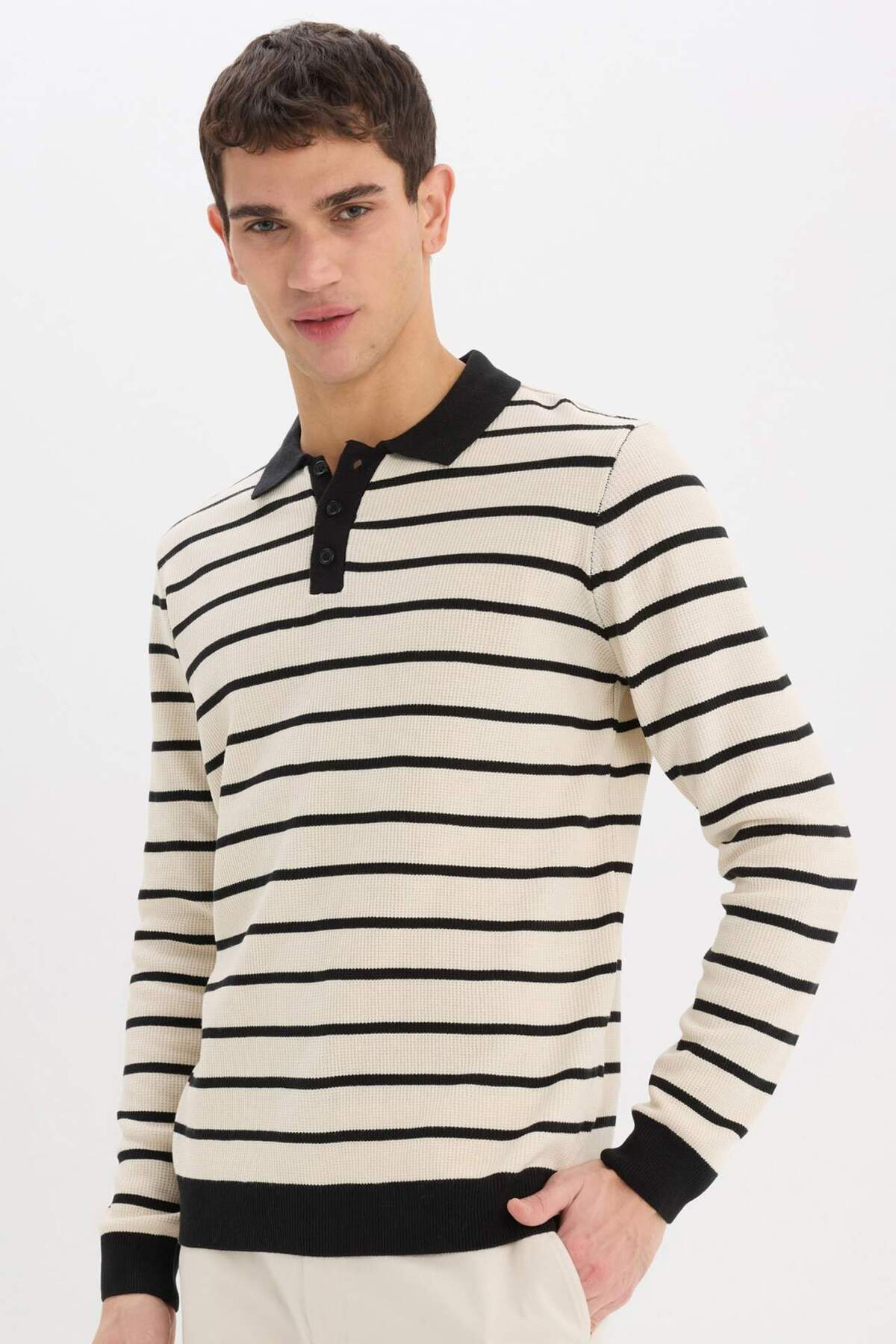 DeFacto Standart Fit Polo Yaka Çizgili Triko Kazak E7604AX24WN — مشکی