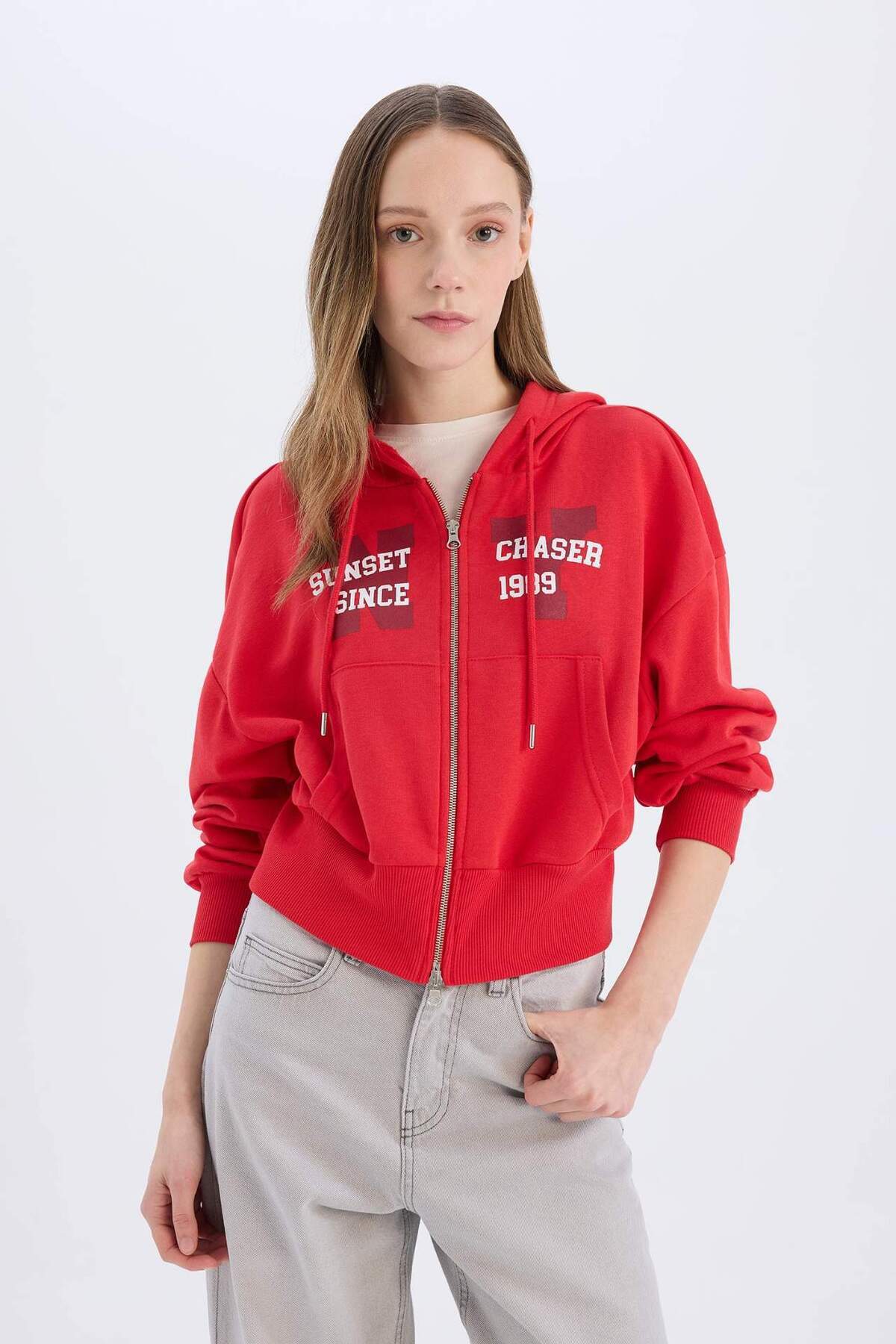 Defacto  Oversize Geniş Kalıp Kapüşonlu Baskılı Kalın Fermuarlı Sweatshirt E5463AX25SM - Görsel 3