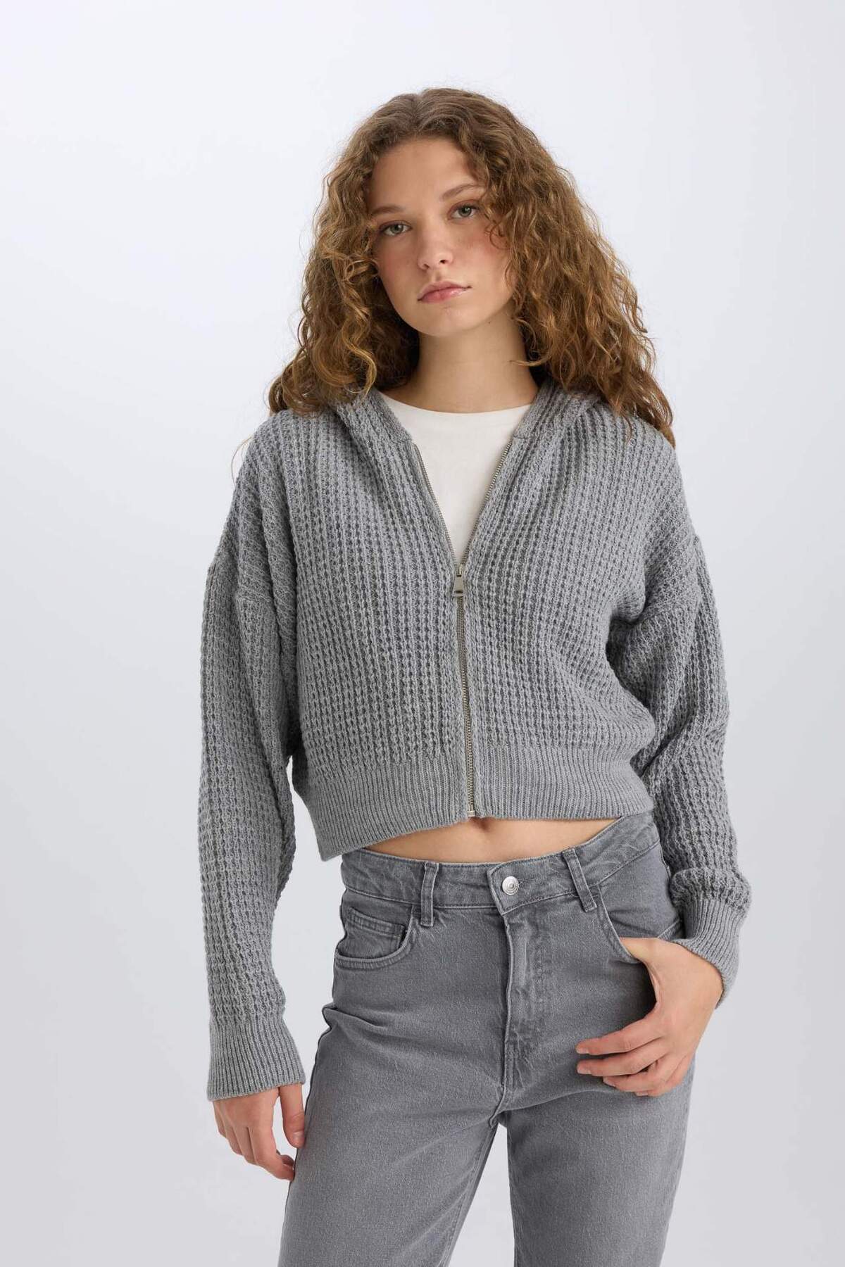 Defacto  Regular Fit Kapüşonlu Fermuarlı Triko Hırka E2269AXNS - Görsel 4