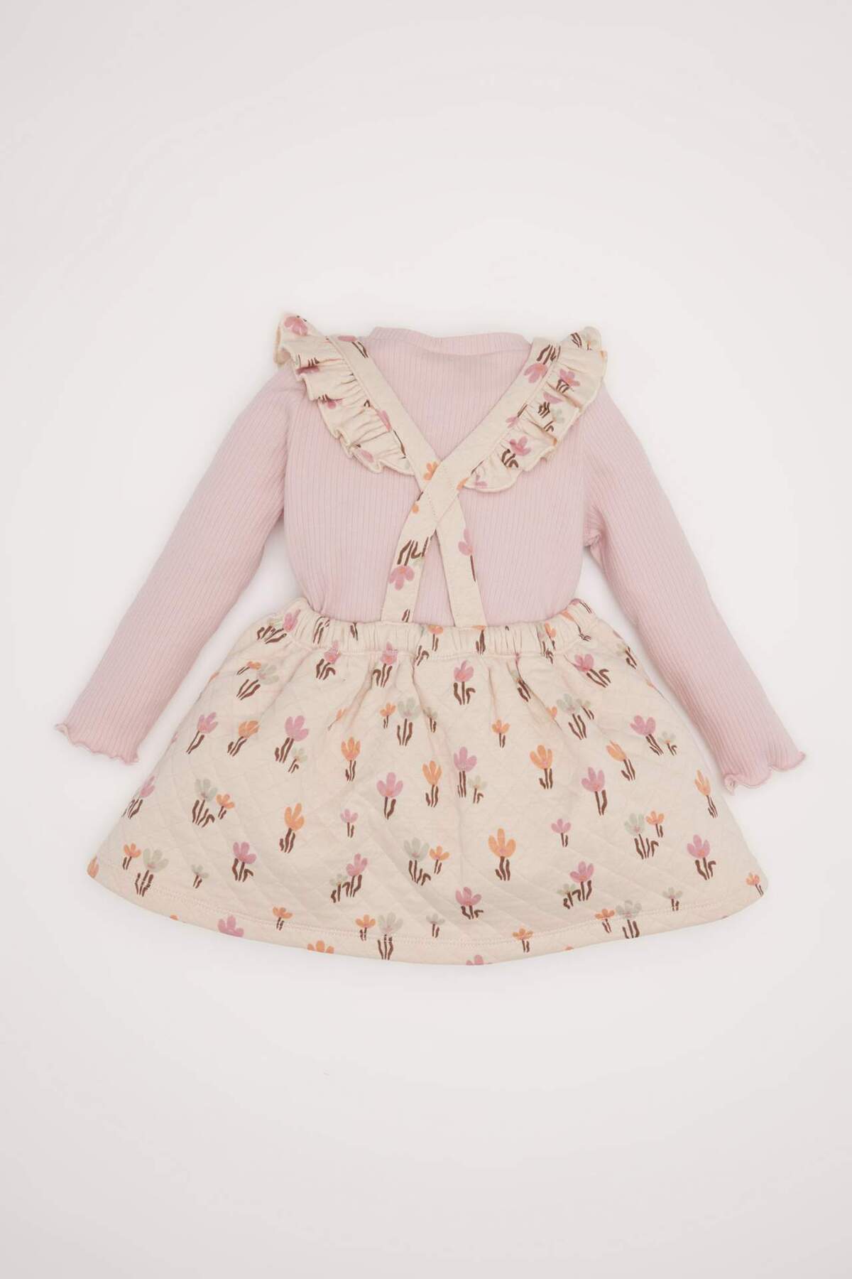 Defacto Kız Bebek 2'li Takım Çiçekli Fitilli Kaşkorse Elbise Basic Düz Uzun Kollu Tişört D7252A524WN fotoğrafı 4 (önizleme)