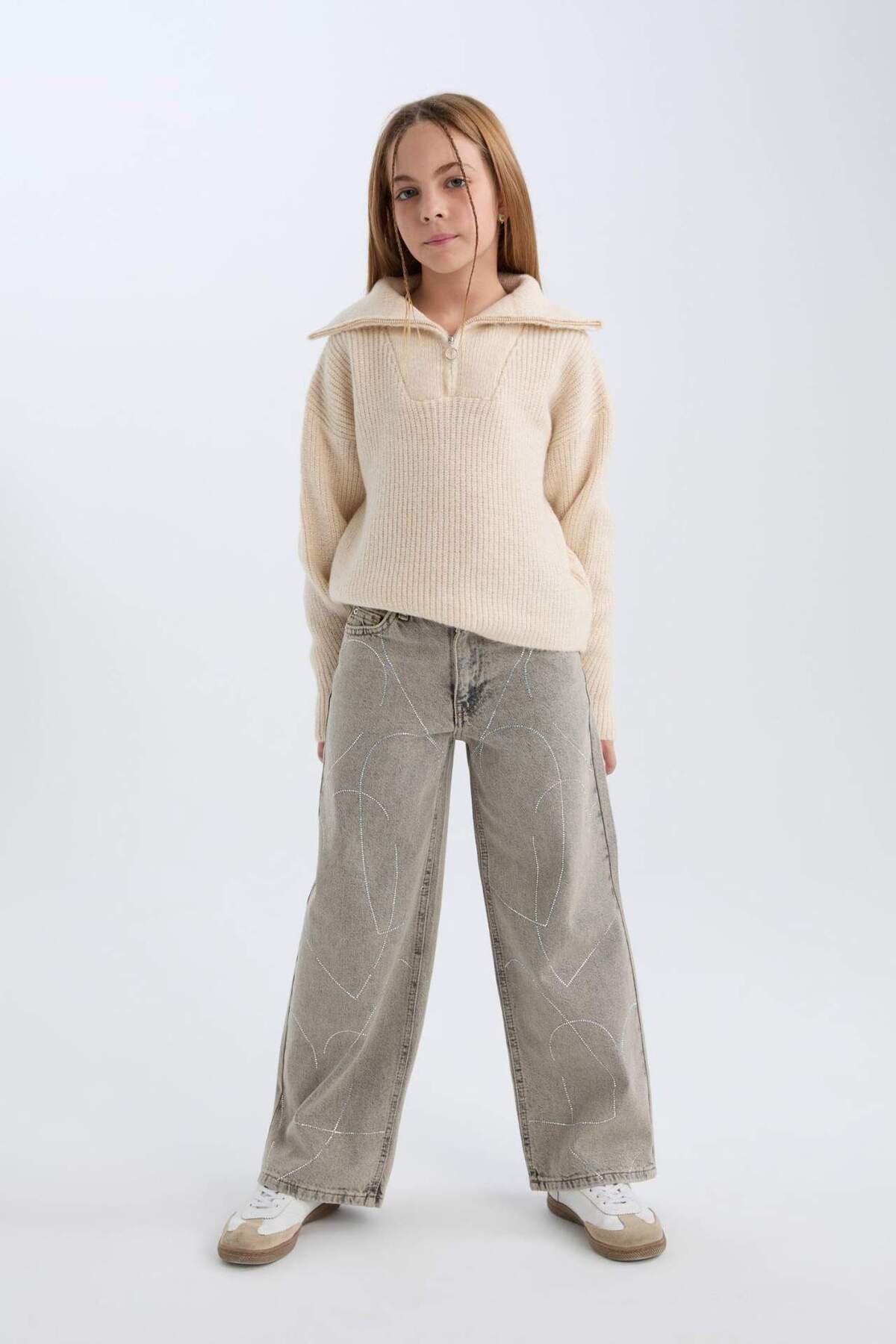 Defacto Fermuarlı Dik Yaka Triko Kazak Kız Çocuk A6015A824WN fotoğrafı 5 (önizleme)