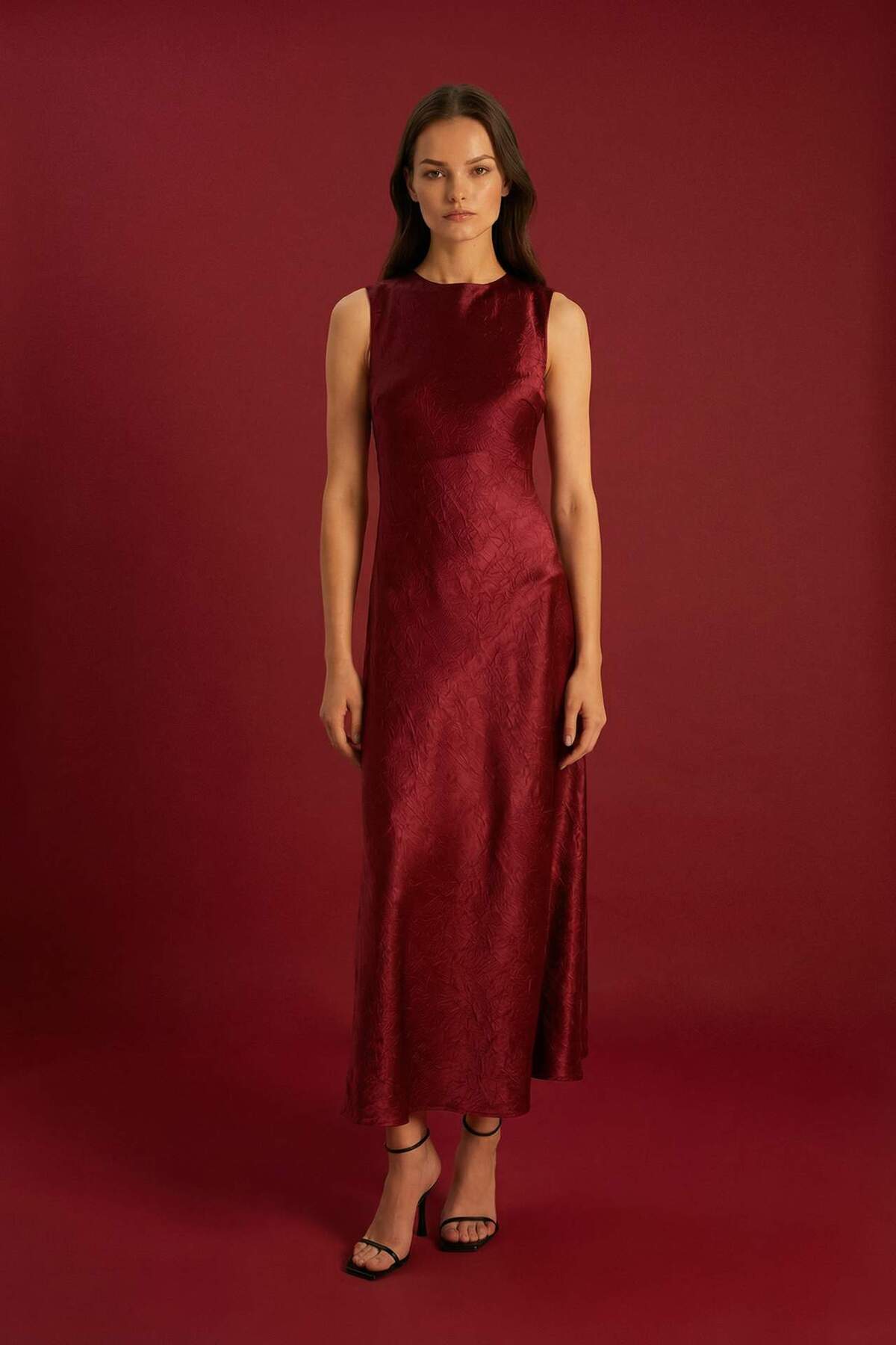Degage Collar Satin Sleeveless Maxi Evening Dress E2741AX24WN