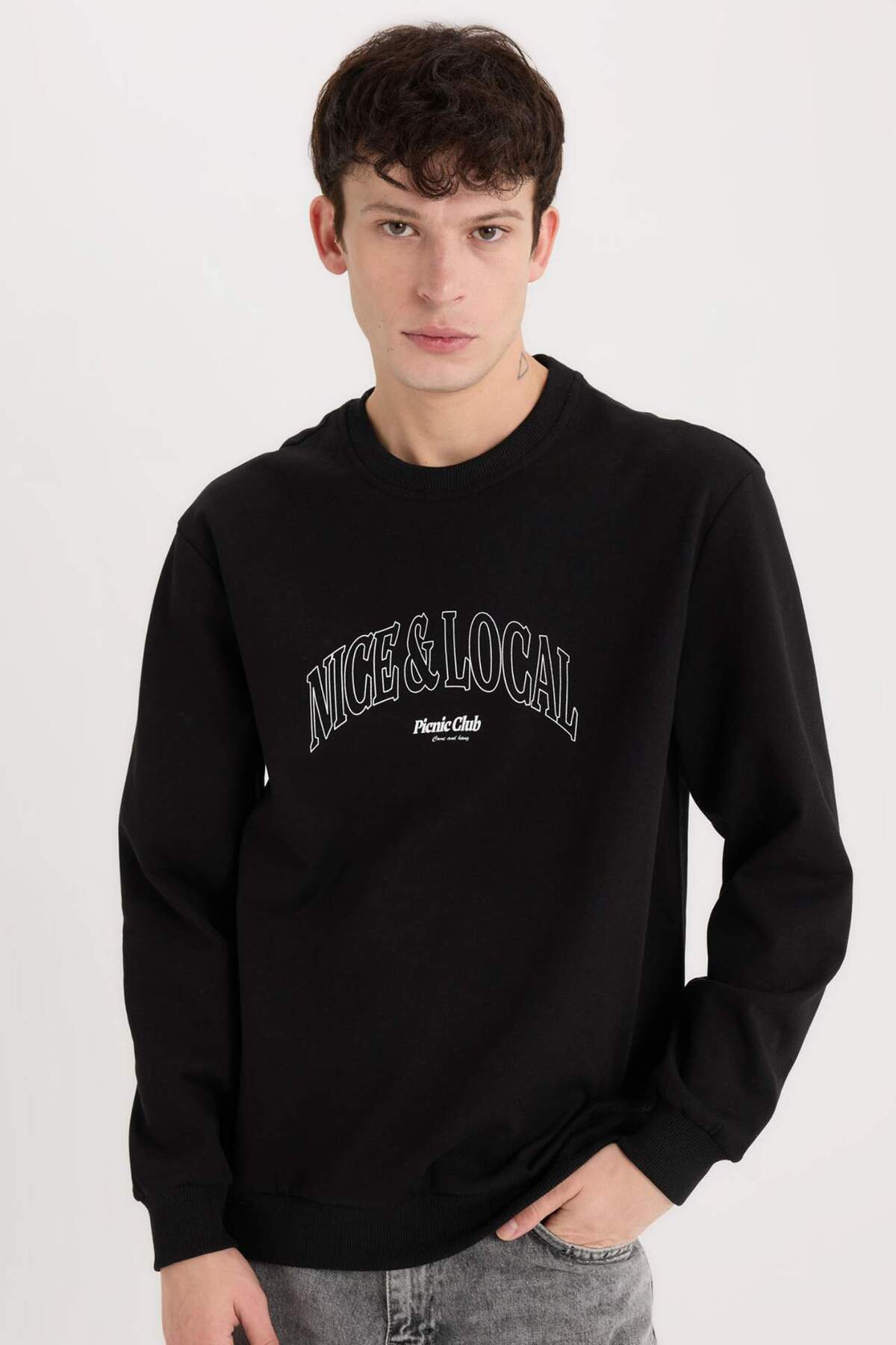 DeFacto Regular Fit Bisiklet Yaka Baskılı Sweatshirt E3205AX24WN — مشکی