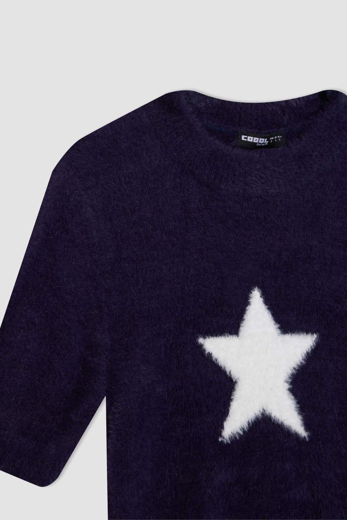 Defacto  Fitted Bisiklet Yaka Yıldız Baskılı Kısa Kollu Pelüş Triko Kazak C9158AX24WN - Görsel 7