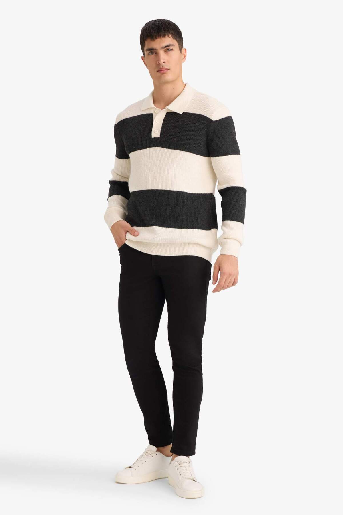 Defacto  Standart Fit Polo Yaka Çizgili Triko Kazak D3590AX24WN - Görsel 2