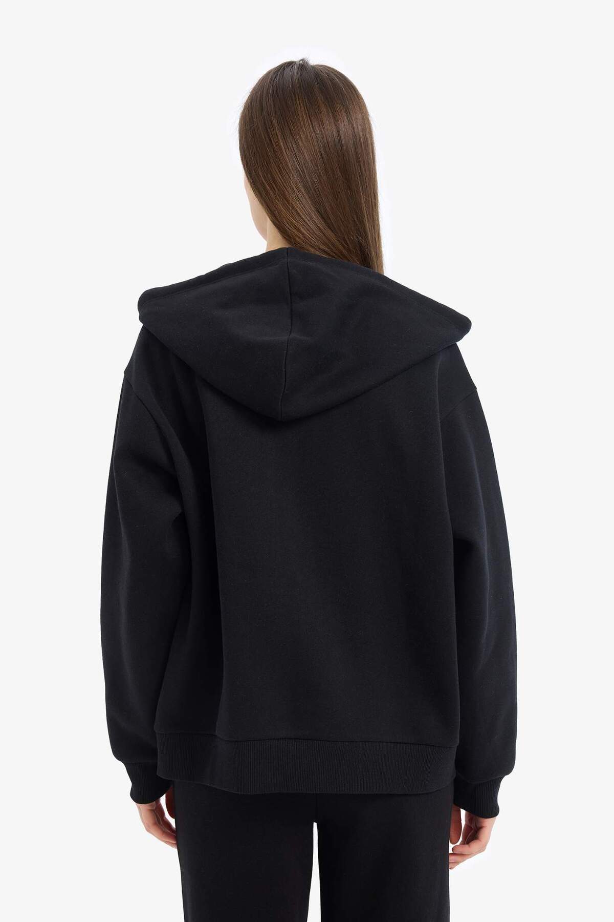 Defacto  Siyah Okula Dönüş Relax Fit Kapüşonlu Kalın Basic Düz Cepli Fermuarlı Sweatshirt D8717AX24WN - Görsel 7