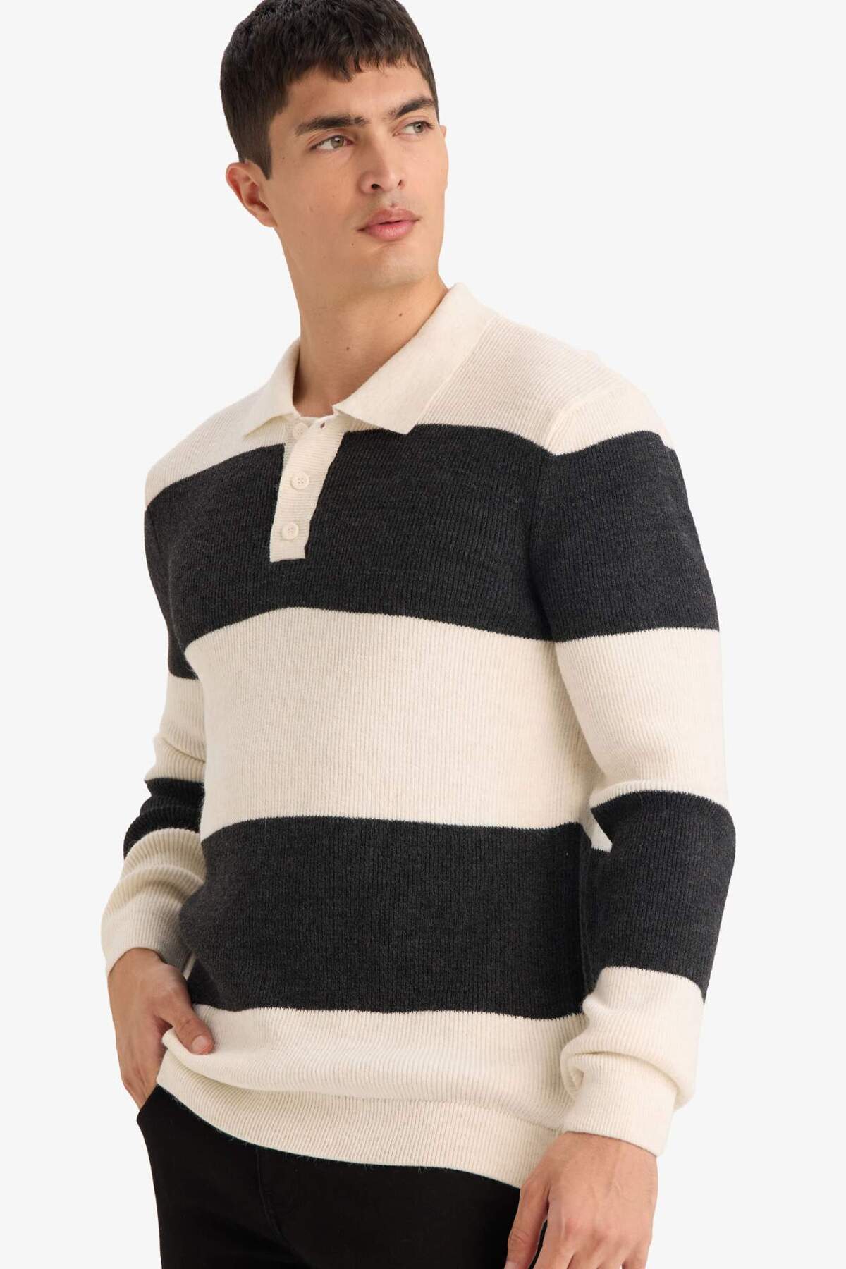 Defacto  Standart Fit Polo Yaka Çizgili Triko Kazak D3590AX24WN