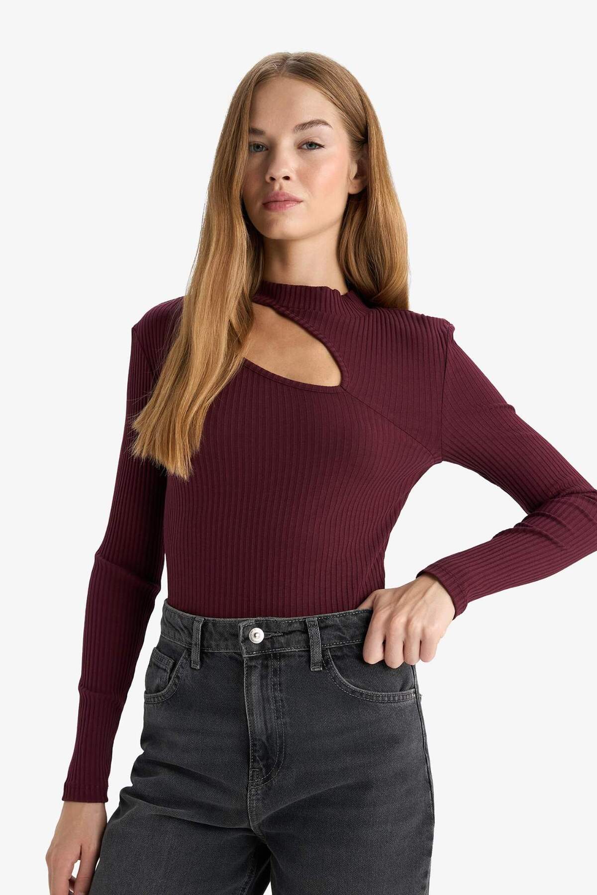 DeFacto Slim Fit Bisiklet Yaka Fitilli Kaşkorse Uzun Kollu Tişört C8473AX24AU görsel 4