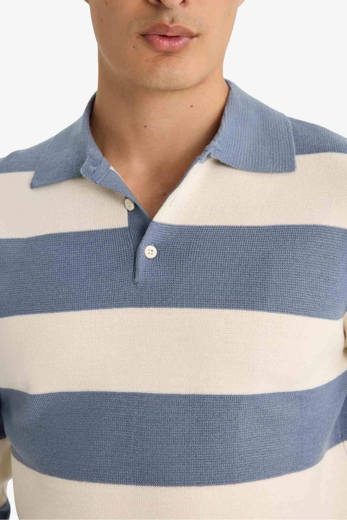 Defacto  Standart Fit Normal Kesim Çizgili Polo Yaka Triko Kazak Y4194AZ24WN - Görsel 4