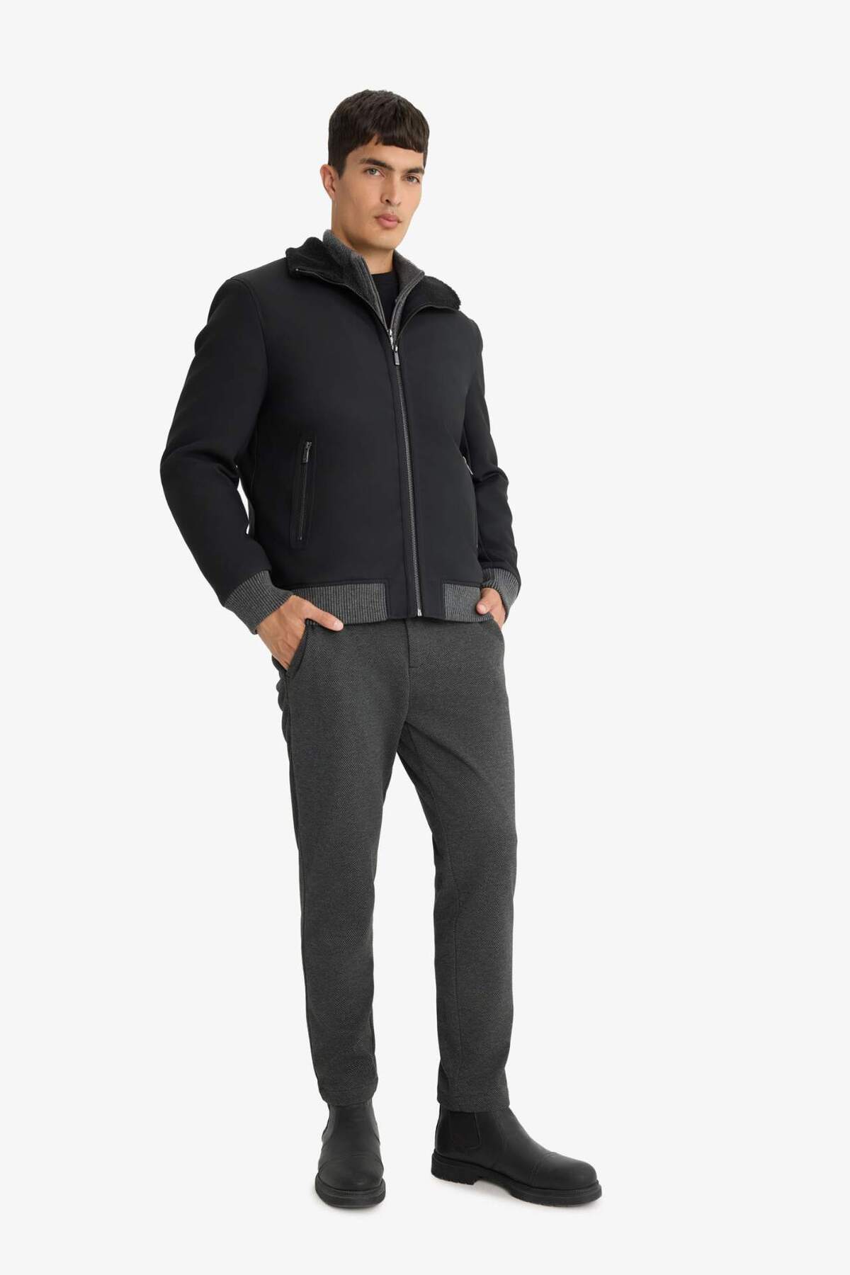 Defacto  Slim Fit Mont Ceket Dar Kesim Dik Yaka Astarlı Fermuarlı Çift Cepli Mevsimlik Suni Deri C5633AX24WN - Görsel 2