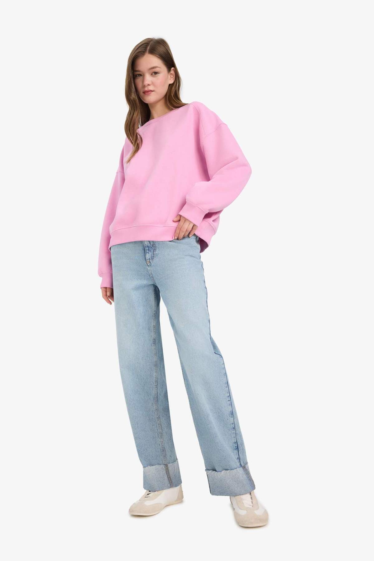 Defacto  Oversize Geniş Kalıp Bisiklet Yaka Kalın Basic Düz Sweatshirt A4177AX24WN - Görsel 2