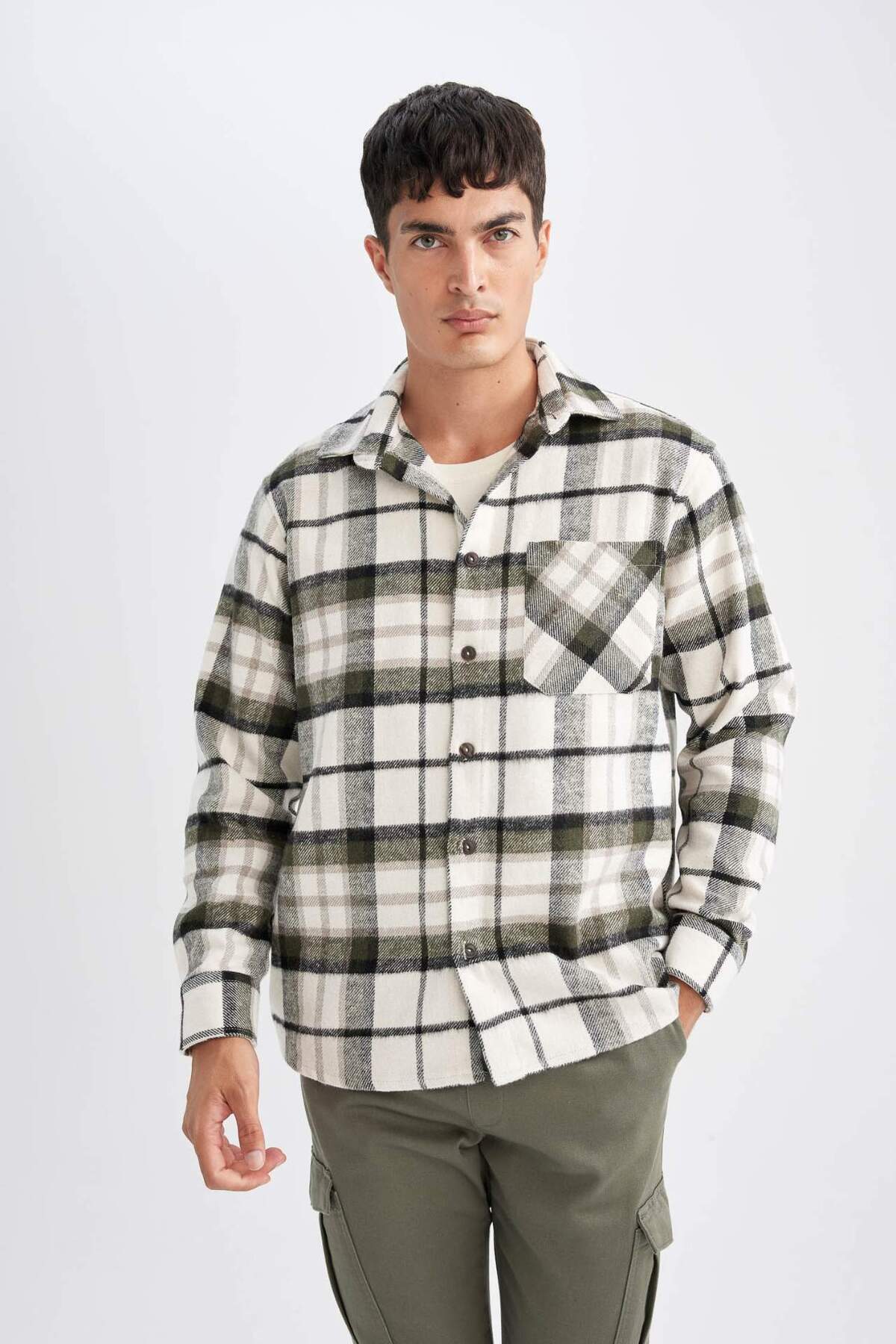Regular Fit Kareli Oduncu Flanel Uzun Kollu Gömlek D1659AX24AU — خاکی — تصویر 4 از 6