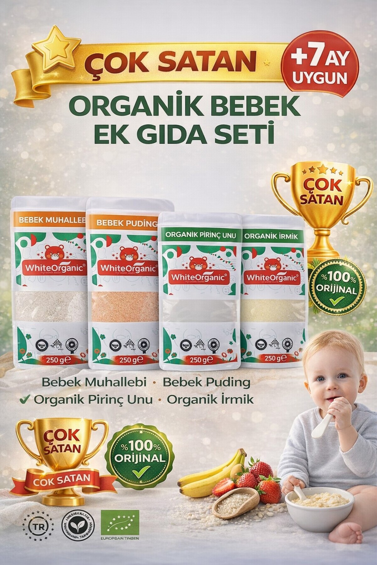 White Organic Bebek Muhallebi+Bebek Puding+Bebek İrmiği+Pirinç Unu Ek Gıda Seti +7 Ay fotoğrafı 3 (önizleme)