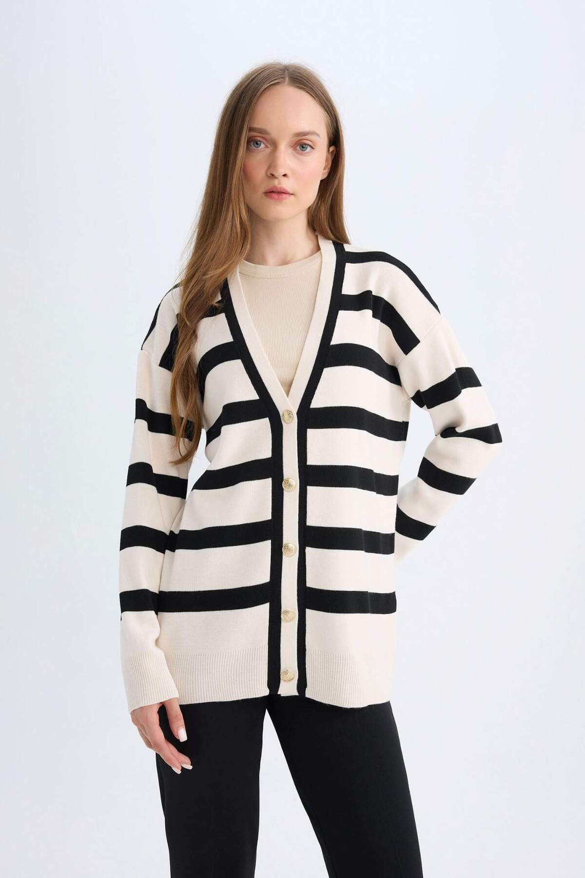 Defacto  Regular Fit V Yaka Çizgili Düğme Kapmalı Tunik Triko Hırka D2445AX24WN - Görsel 4