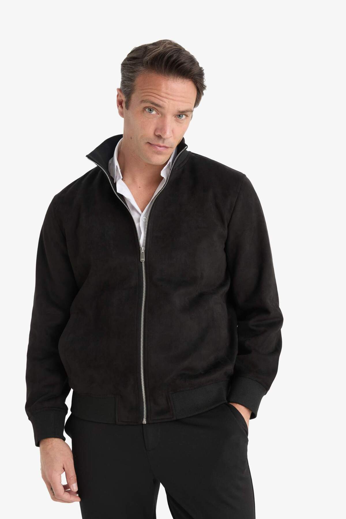 Defacto  Slim Fit Dar Kesim Dik Yaka Astarlı Fermuarlı Cepli Süet Mevsimlik Baharlık Mont D1524AX24WN - Görsel 4