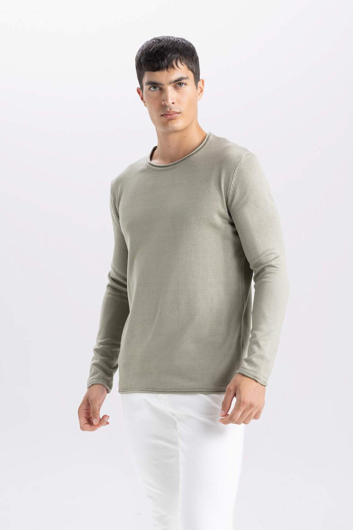 Relax Fit Bisiklet Yaka Basic Düz Triko Kazak D3278AX24WN — خاکی — تصویر 4 از 6