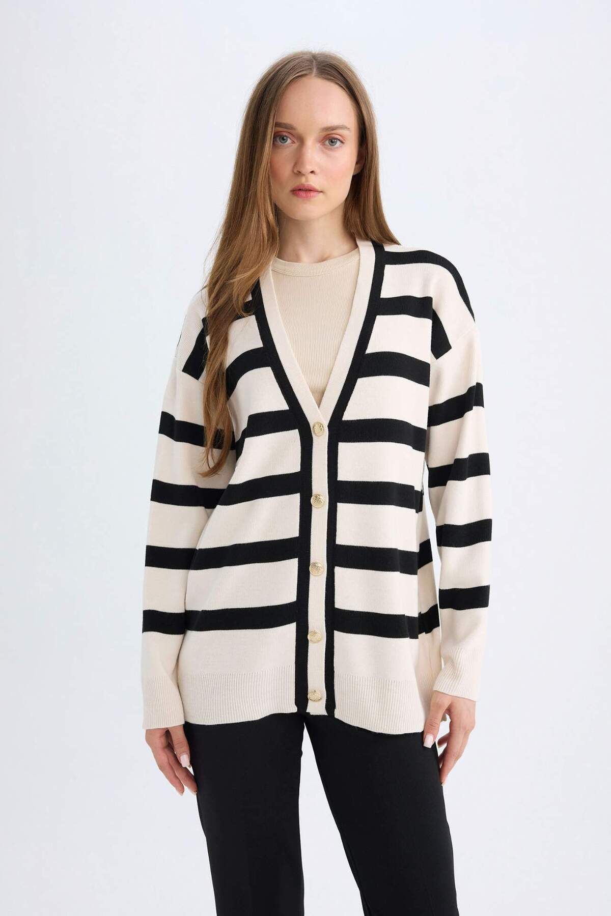 Defacto  Regular Fit V Yaka Çizgili Düğme Kapmalı Tunik Triko Hırka D2445AX24WN - Görsel 3