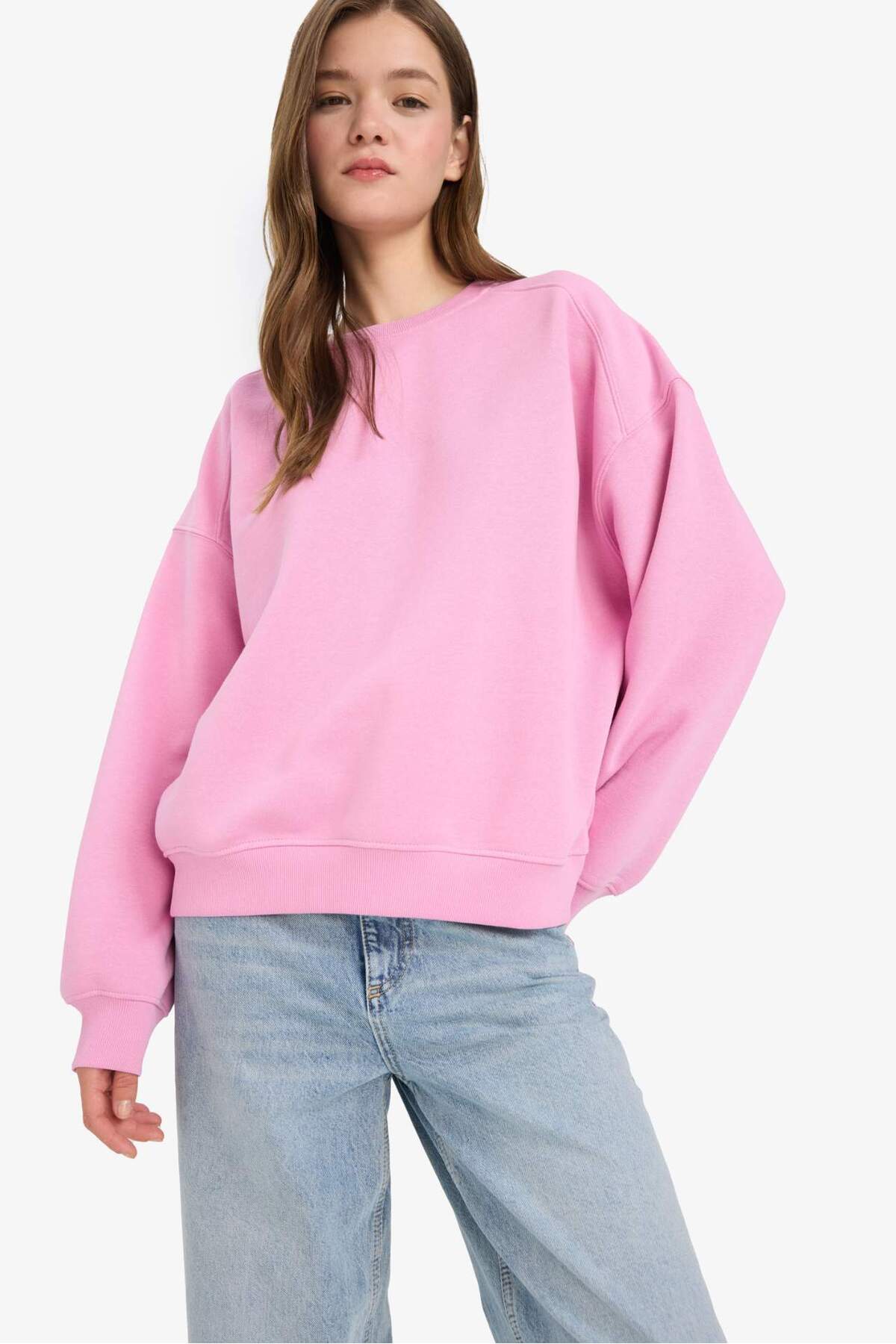 Defacto  Oversize Geniş Kalıp Bisiklet Yaka Kalın Basic Düz Sweatshirt A4177AX24WN