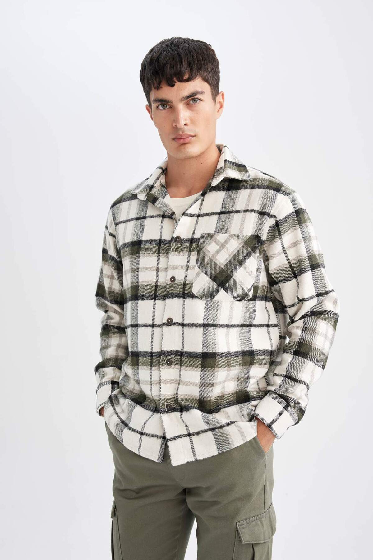 Regular Fit Kareli Oduncu Flanel Uzun Kollu Gömlek D1659AX24AU — خاکی — تصویر 3 از 6