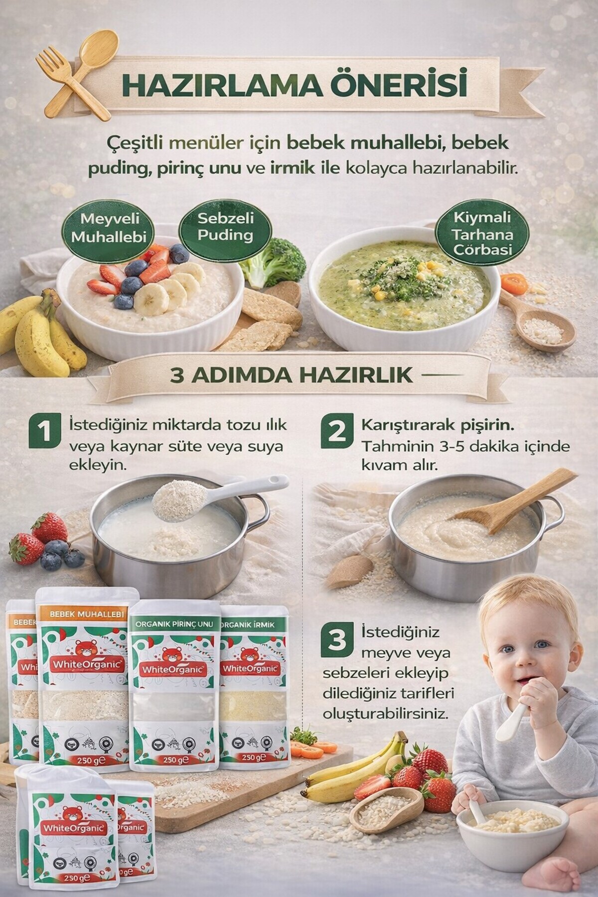 White Organic Bebek Muhallebi+Bebek Puding+Bebek İrmiği+Pirinç Unu Ek Gıda Seti +7 Ay fotoğrafı 2 (önizleme)