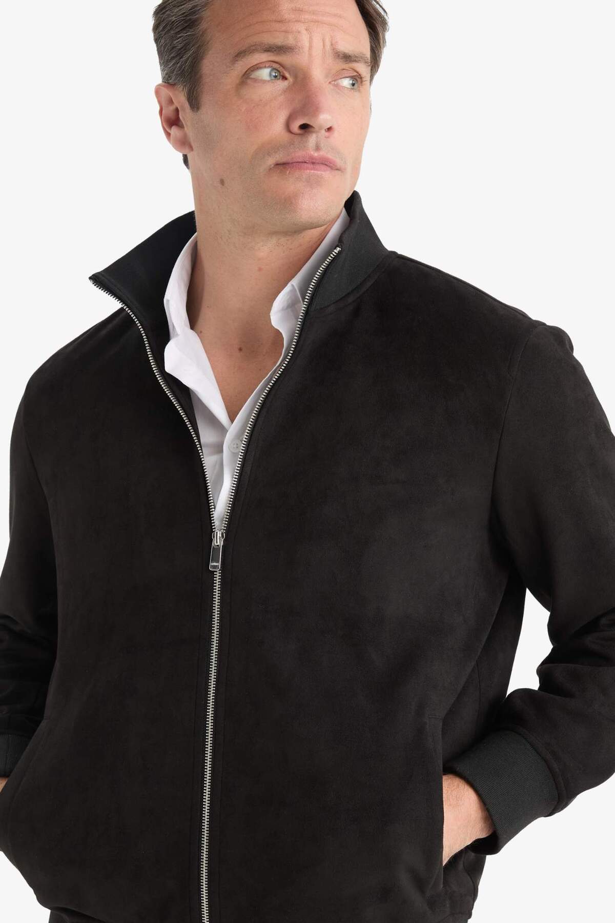 Defacto  Slim Fit Dar Kesim Dik Yaka Astarlı Fermuarlı Cepli Süet Mevsimlik Baharlık Mont D1524AX24WN