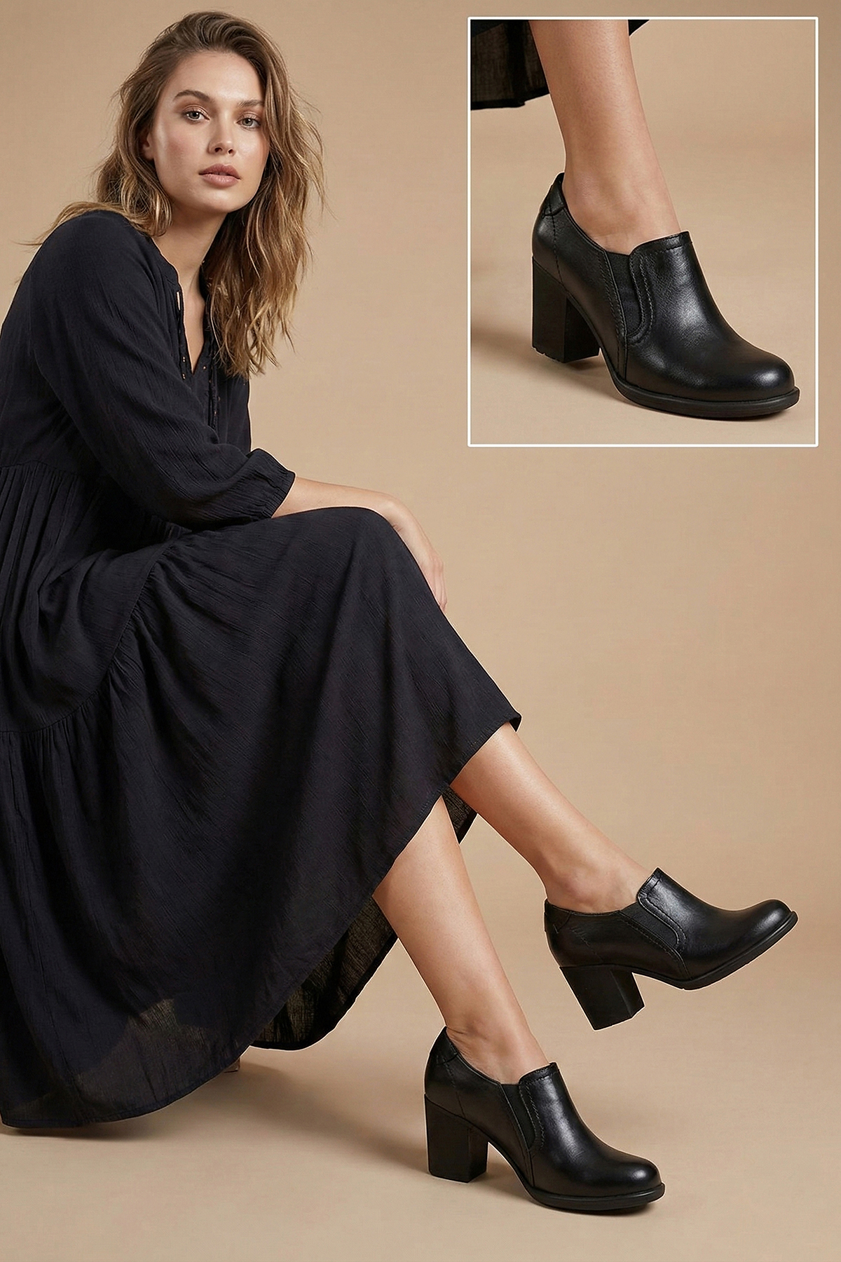 GÖNDERİ(R)  Kadın Siyah Orta Kalın Topuklu Hakiki Deri Ayakkabı - Görsel 4