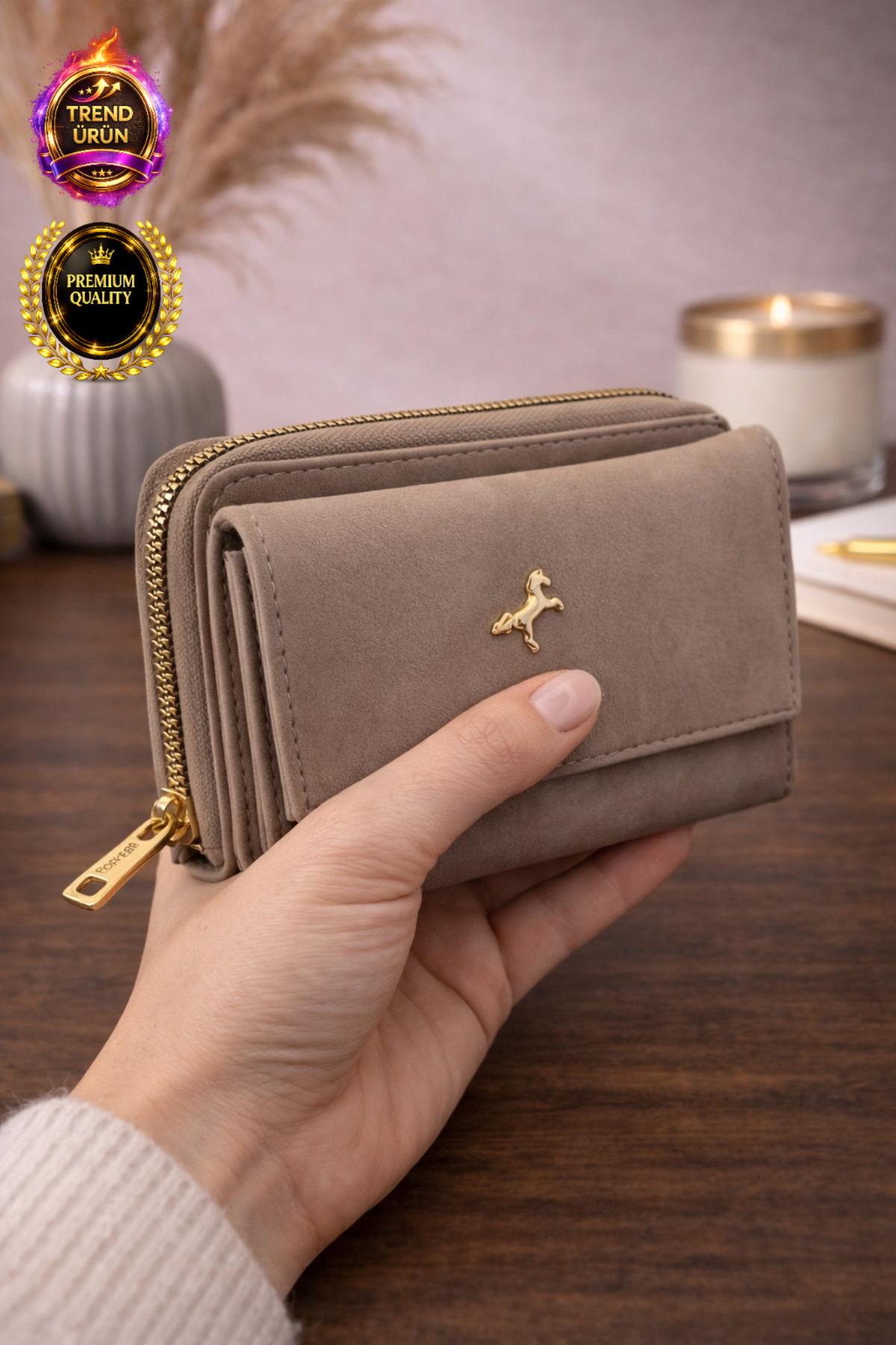 MODEL CÜZDAN  Kadın Cüzdan Yumuşak Deri Çıtçıtlı Fermuarlı Kartlık Bej