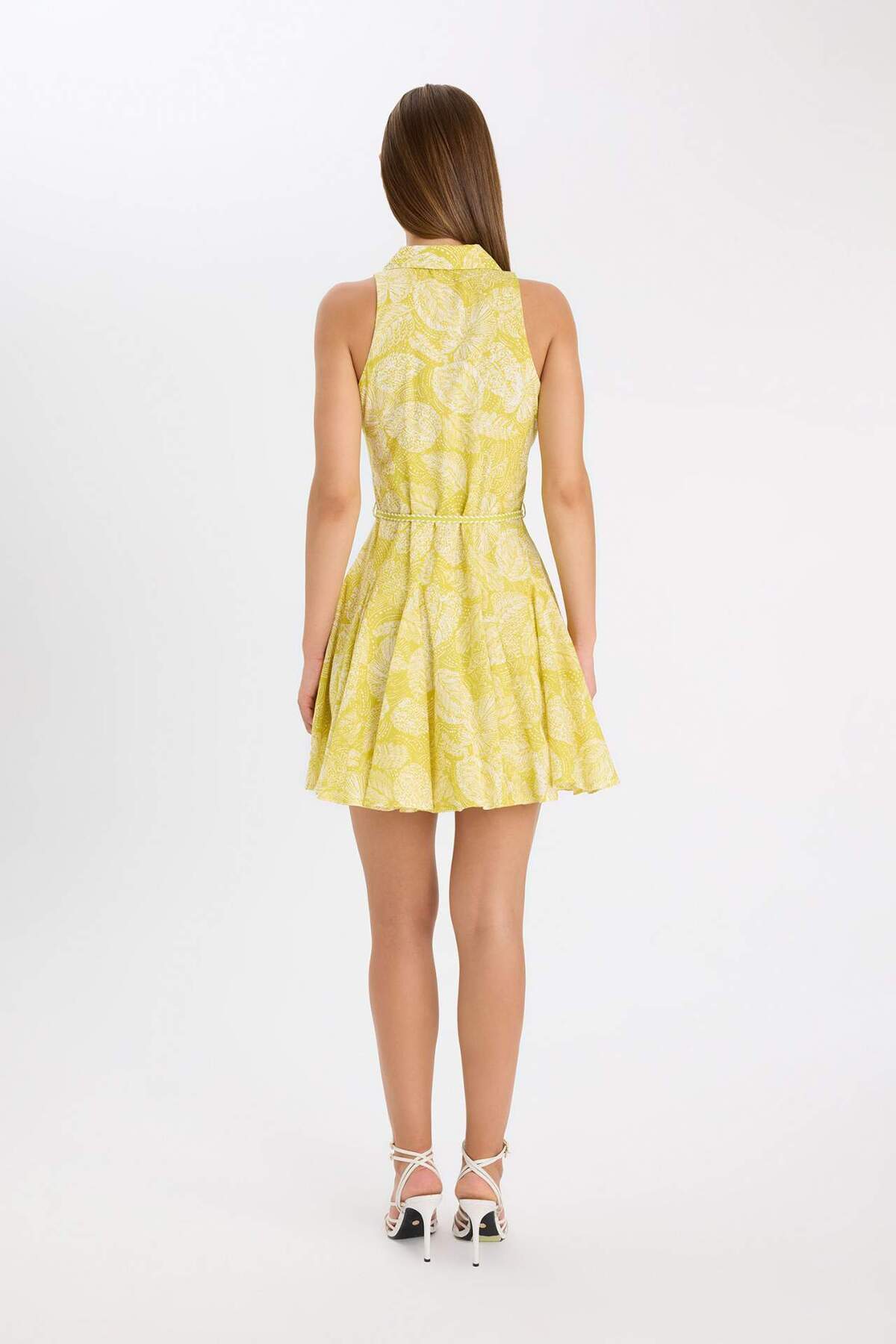 Defacto  A Kesim Gömlek Yaka Desenli Vual Kolsuz Mini Elbise C7085AX24SM - Görsel 5