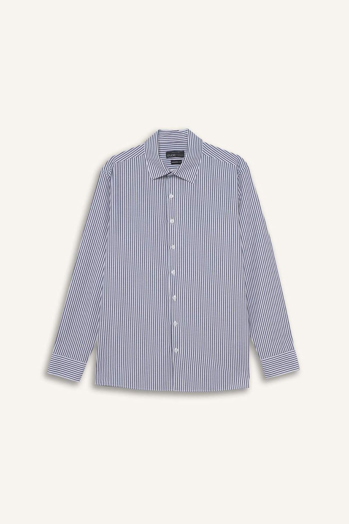 Defacto  Modern Fit Polo Yaka Çizgili Krinkıl Kumaş Gofre Desenli Uzun Kollu Gömlek D6003AX24AU - Görsel 7