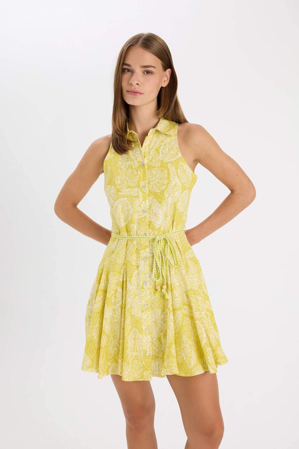 Defacto  A Kesim Gömlek Yaka Desenli Vual Kolsuz Mini Elbise C7085AX24SM