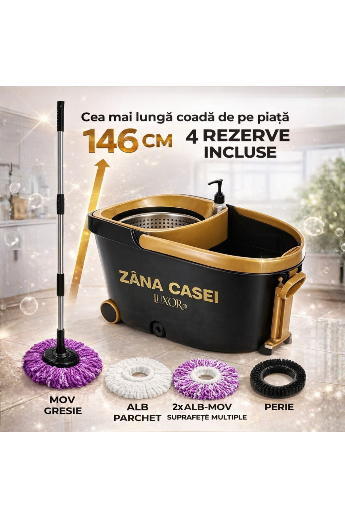 ZanaCasei Mop Zâna Casei® Luxor – Set Premium Inox cu 4 Rezerve, Perie