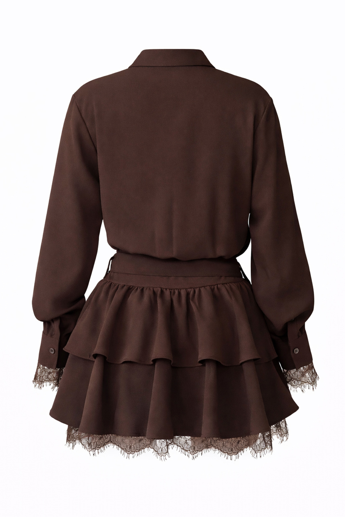 Trend Alaçatı Stili  Kadın Kahverengi Tek Cepli Eteği Kat Kat Dantel Detaylı Kemerli Gömlek Elbise Alc-X15227 - Görsel 5