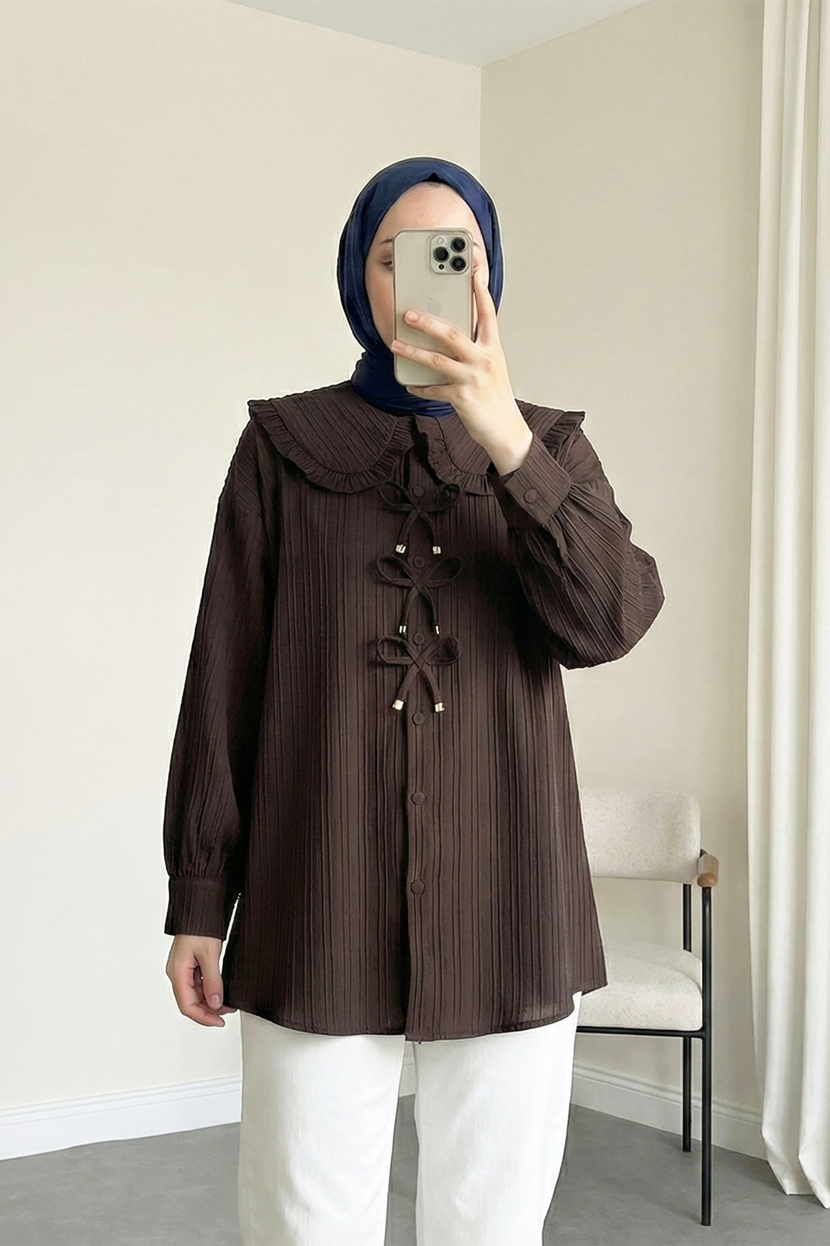 Ribbon Detailed Buttoned Baby Collar Shirt Tunic - Brown