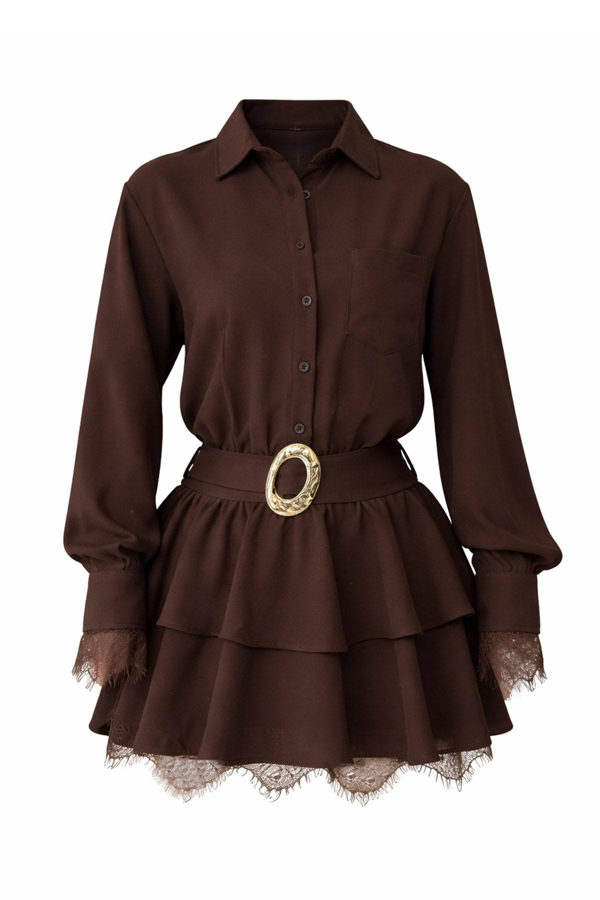 Trend Alaçatı Stili  Kadın Kahverengi Tek Cepli Eteği Kat Kat Dantel Detaylı Kemerli Gömlek Elbise Alc-X15227 - Görsel 4