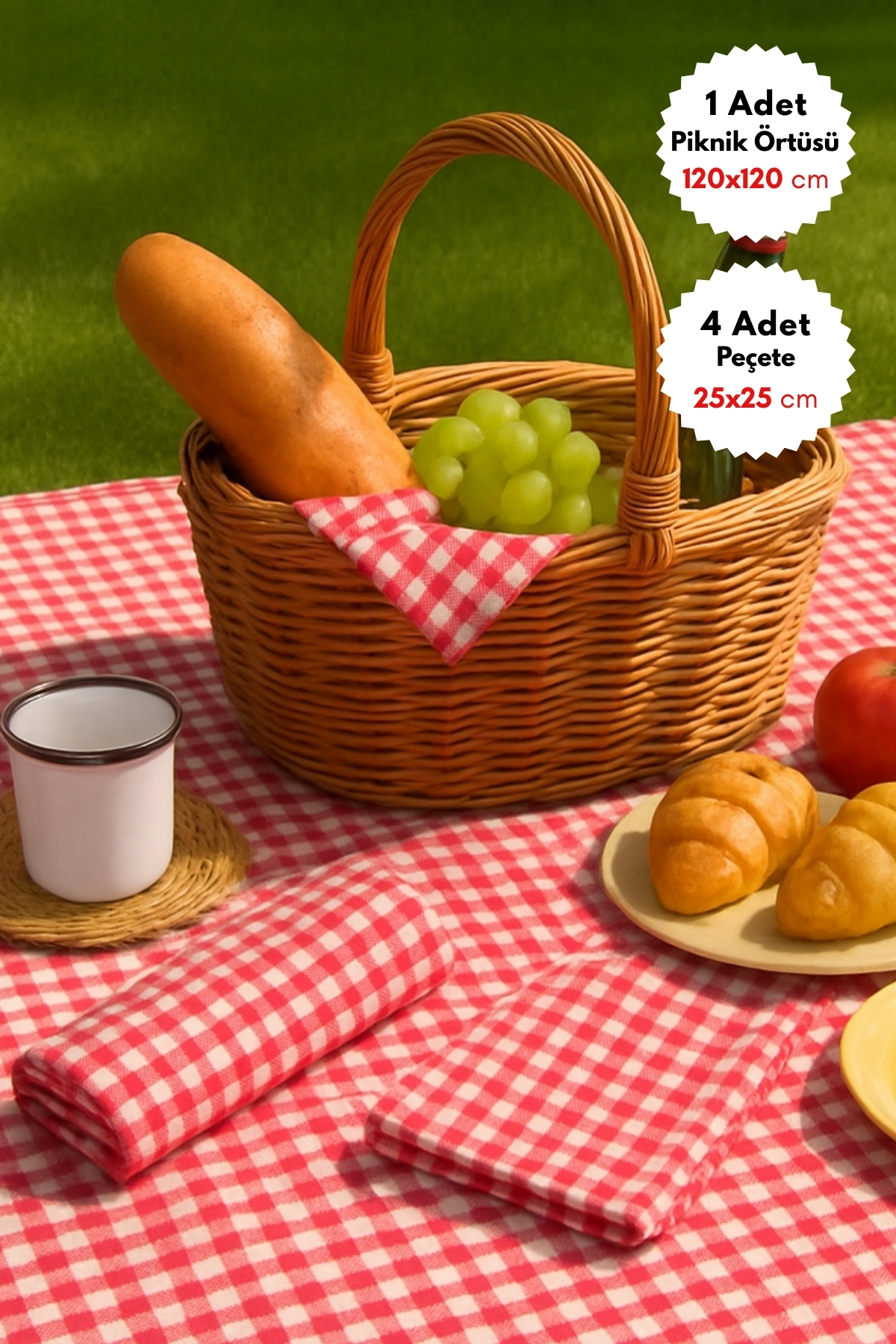 5-piece Pötikare picnic set, tablecloth and 4 napkins red (120x120 cm)
