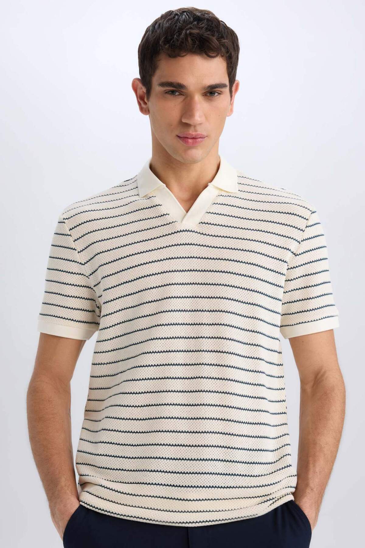 Defacto Regular Fit Polo Neck Striped Knitwear Short Sleeve T-Shirt C4150Ax24Sm