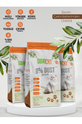 Olivacat Zeytin Çekirdeğinden Üretilen Doğal Tozsuz Kedi Kumu 7L x 3 Adet