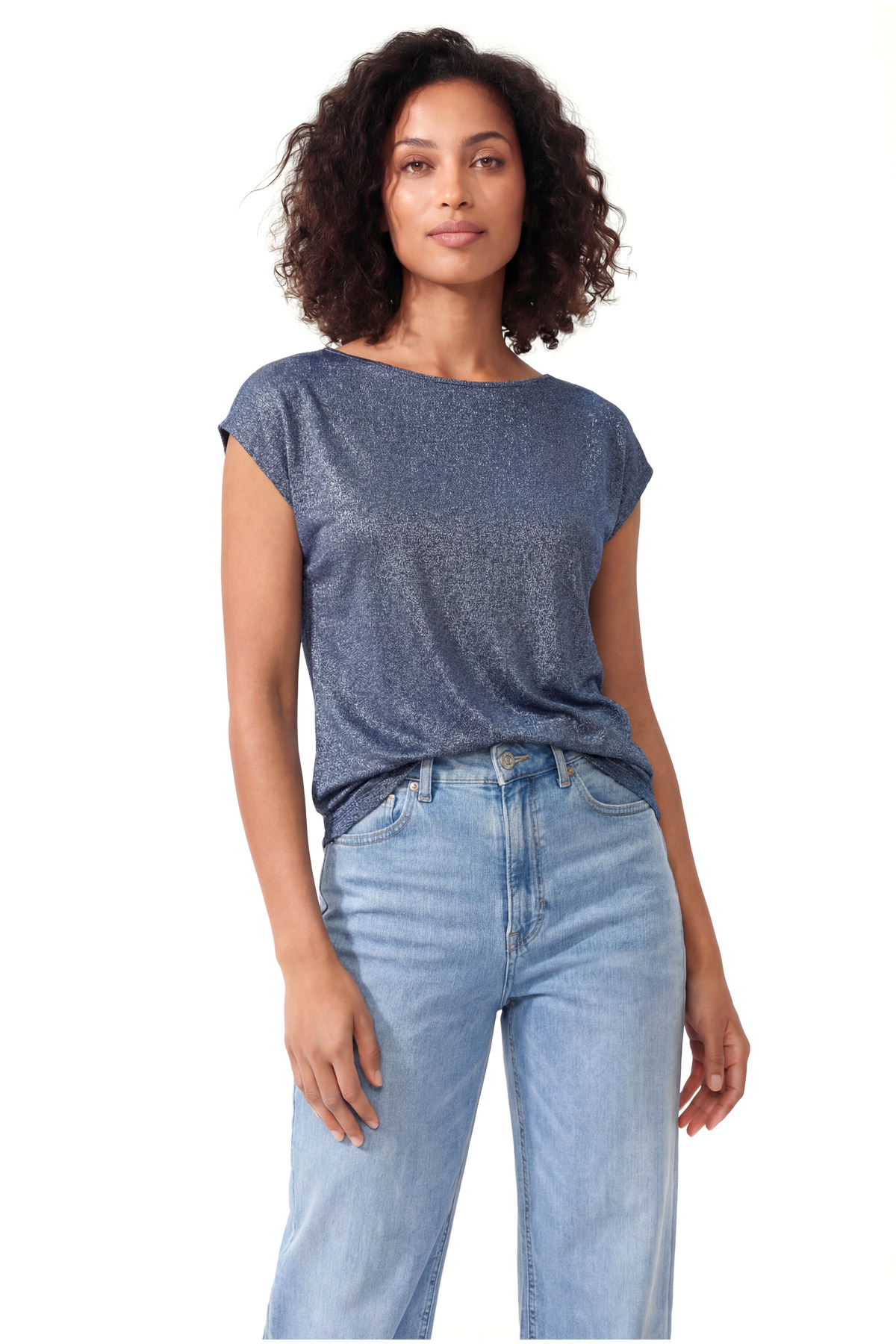 Black-Grey Multicolor Crew Neck Glitter Short Sleeve Women's T-Shirt SKY glitter S/S TOP