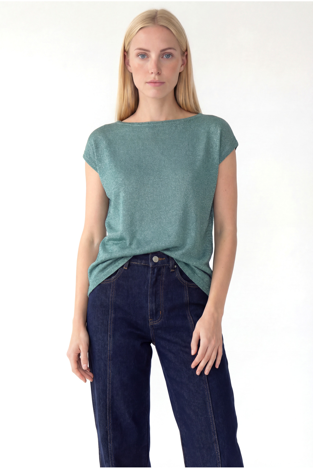 Turquoise Crew Neck Glitter Short Sleeve Women's T-Shirt SKY glitter S/S TOP