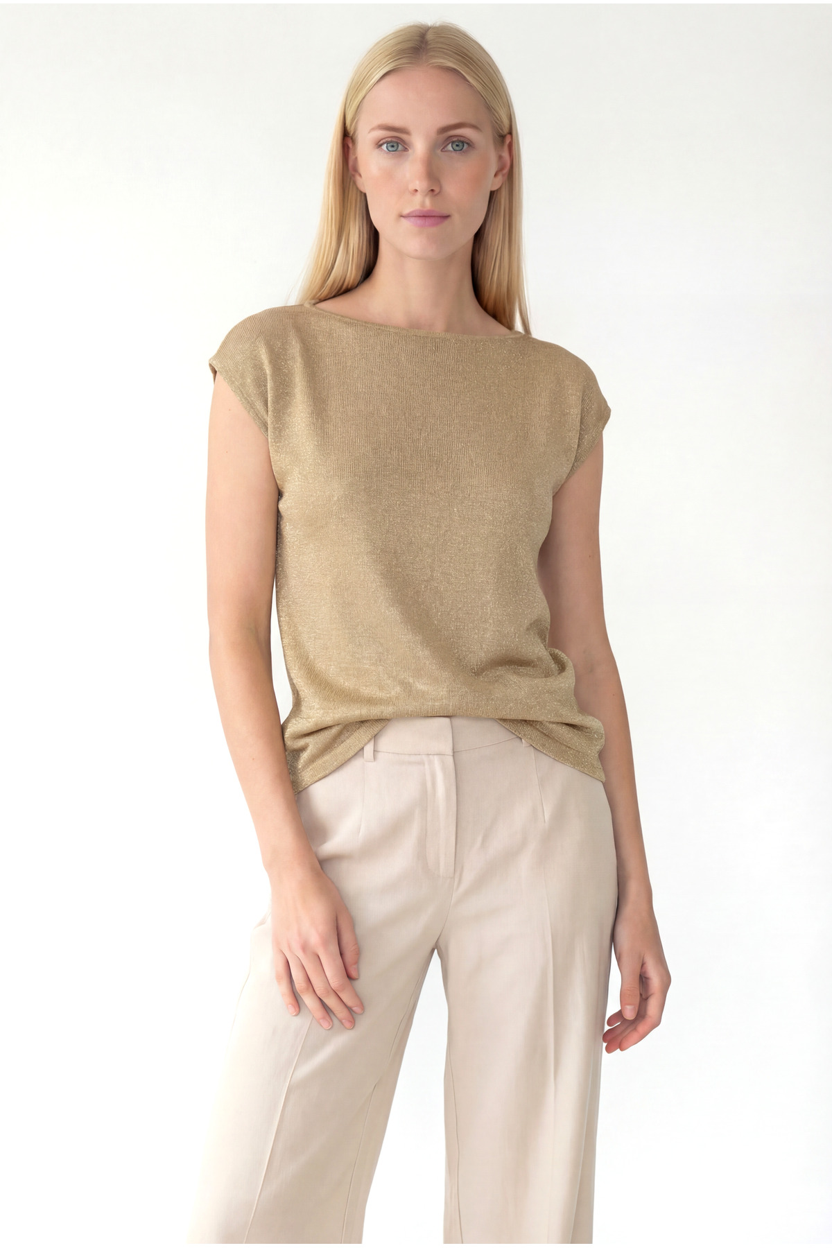 Beige Crew Neck Glitter Short Sleeve Women's T-Shirt SKY glitter S/S TOP