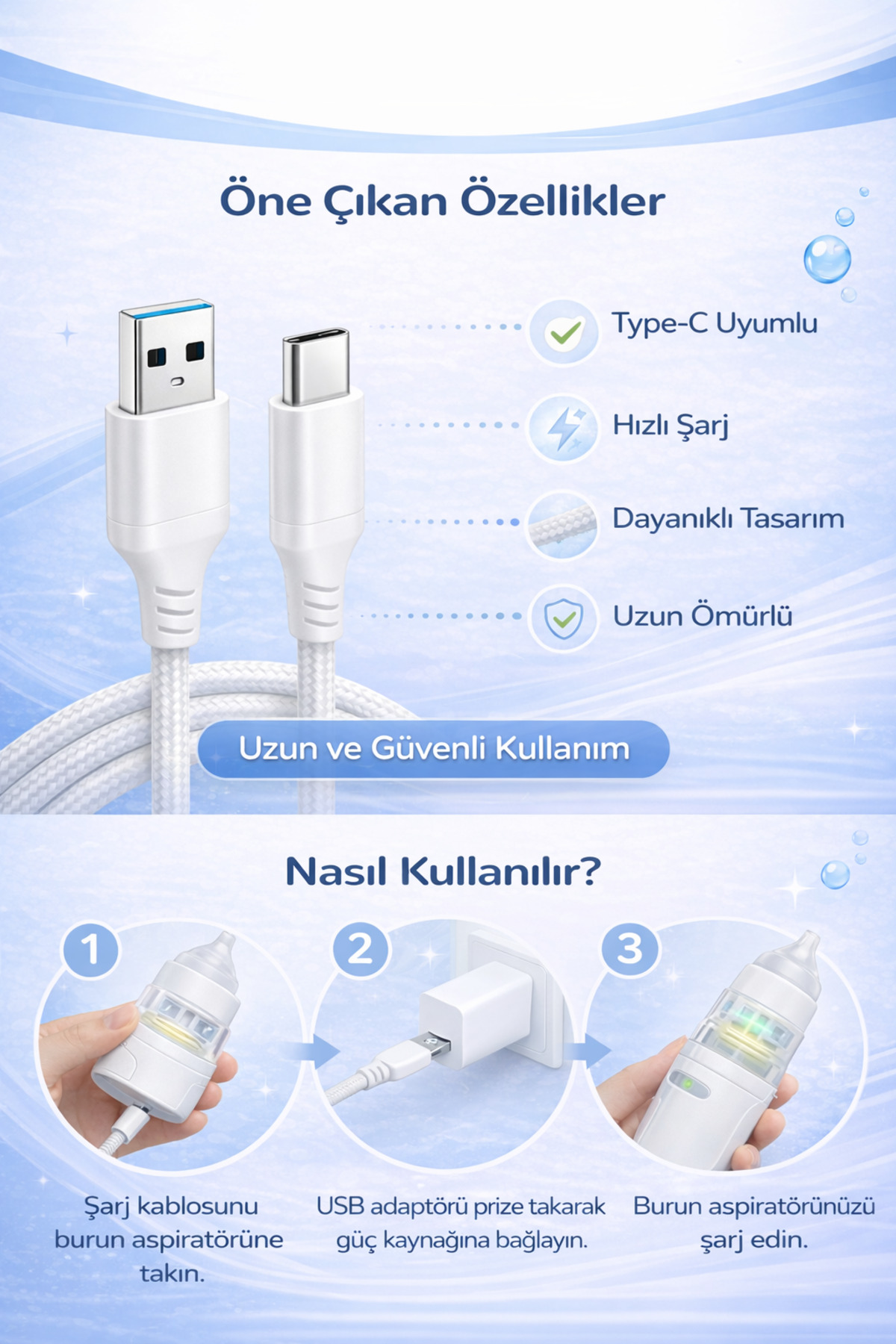 Baby Force BF-45 TYPE-C Şarj Kablosu – BabyForce Burun Aspiratörü ile Uyumlu Şarj Kablosu fotoğrafı 2 (önizleme)