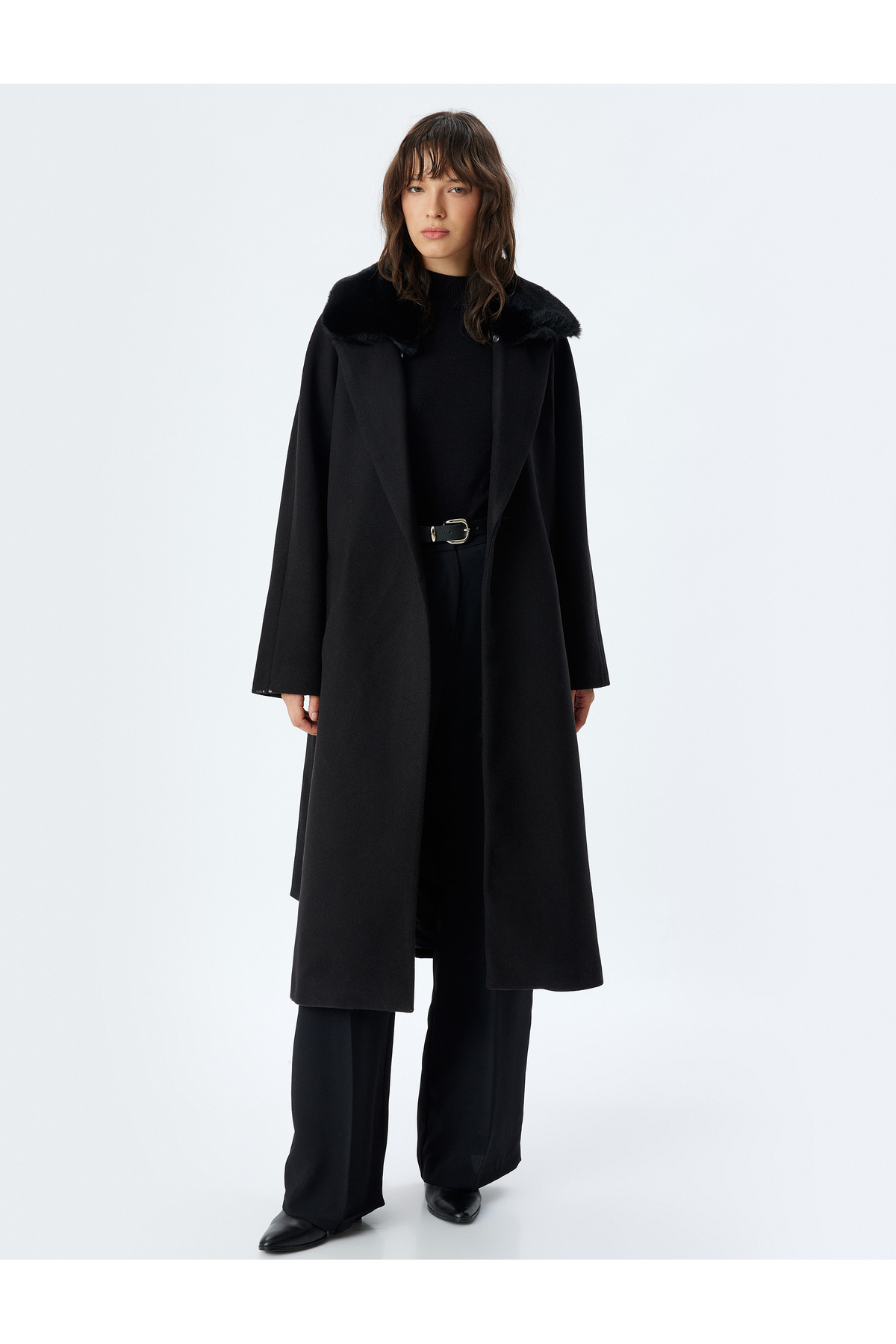 Koton  Yakası Çıkarılabilir Kürklü Cepli Uzun Kaşe Kaban - Görsel 2