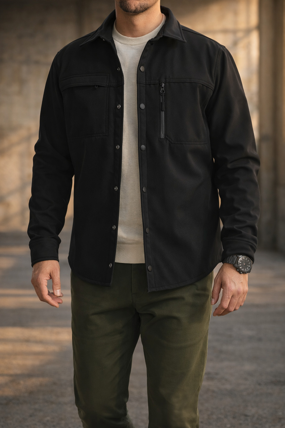 Erkek Siyah Slimfit Dar Kalıp Softshell Gömlek — مشکی SW-16858