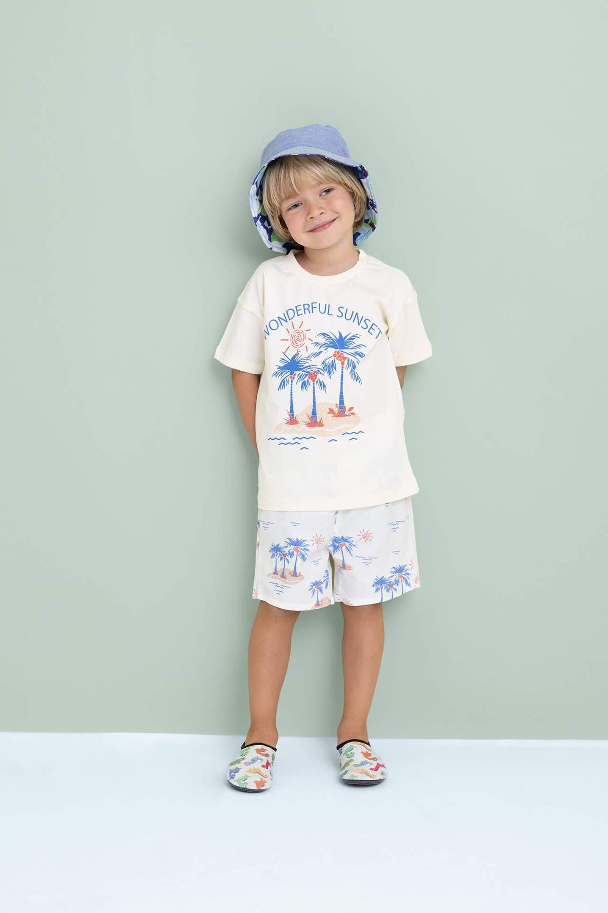 Defacto Erkek Bebek 2li Takım Palmiye Desenli Kısa Kollu Tişört Şort C9209A524SM fotoğrafı 2 (önizleme)