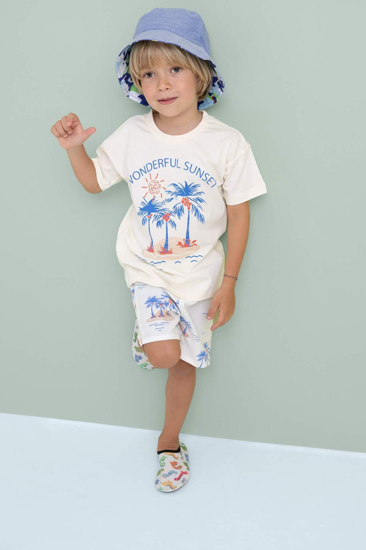 Defacto Erkek Bebek 2li Takım Palmiye Desenli Kısa Kollu Tişört Şort C9209A524SM fotoğrafı 3 (önizleme)