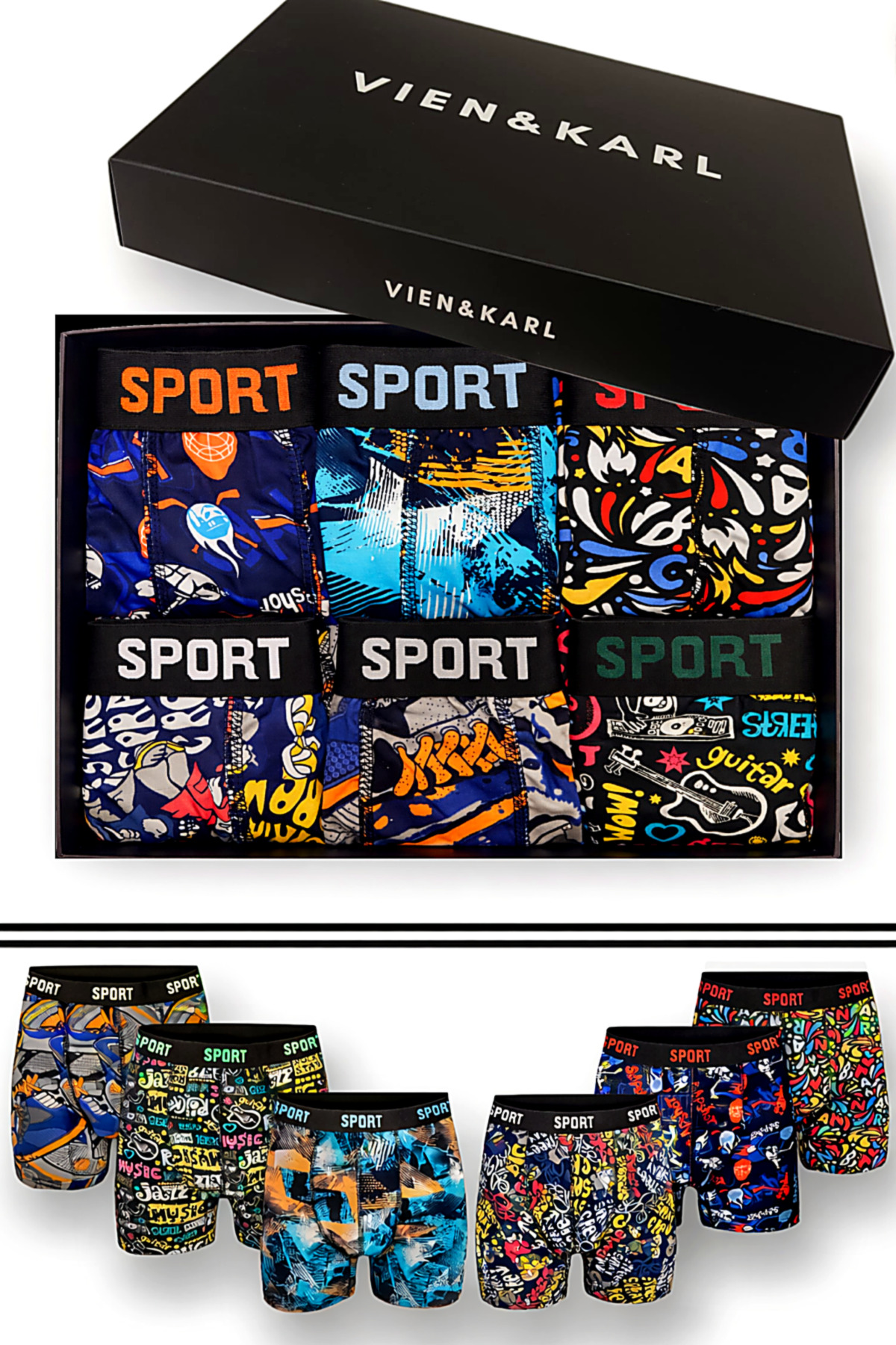 Vien&Karl  Erkek Desenli 6’lı Premium Penye Kutu Pamuklu Likralı Boxer