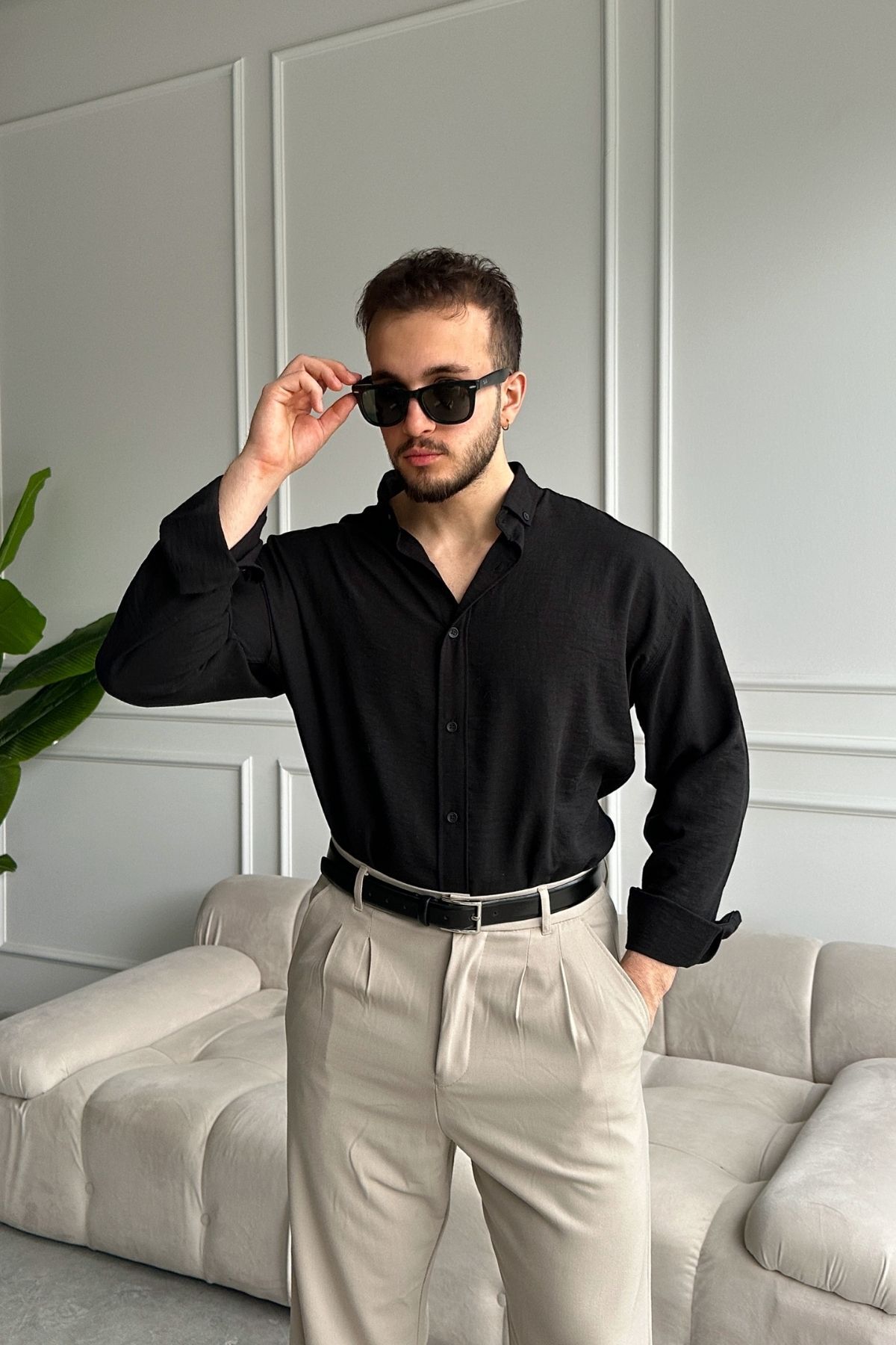 Livio Ferri  Napas Erkek Oversize Keten Görünümlü Gömlek - Görsel 8